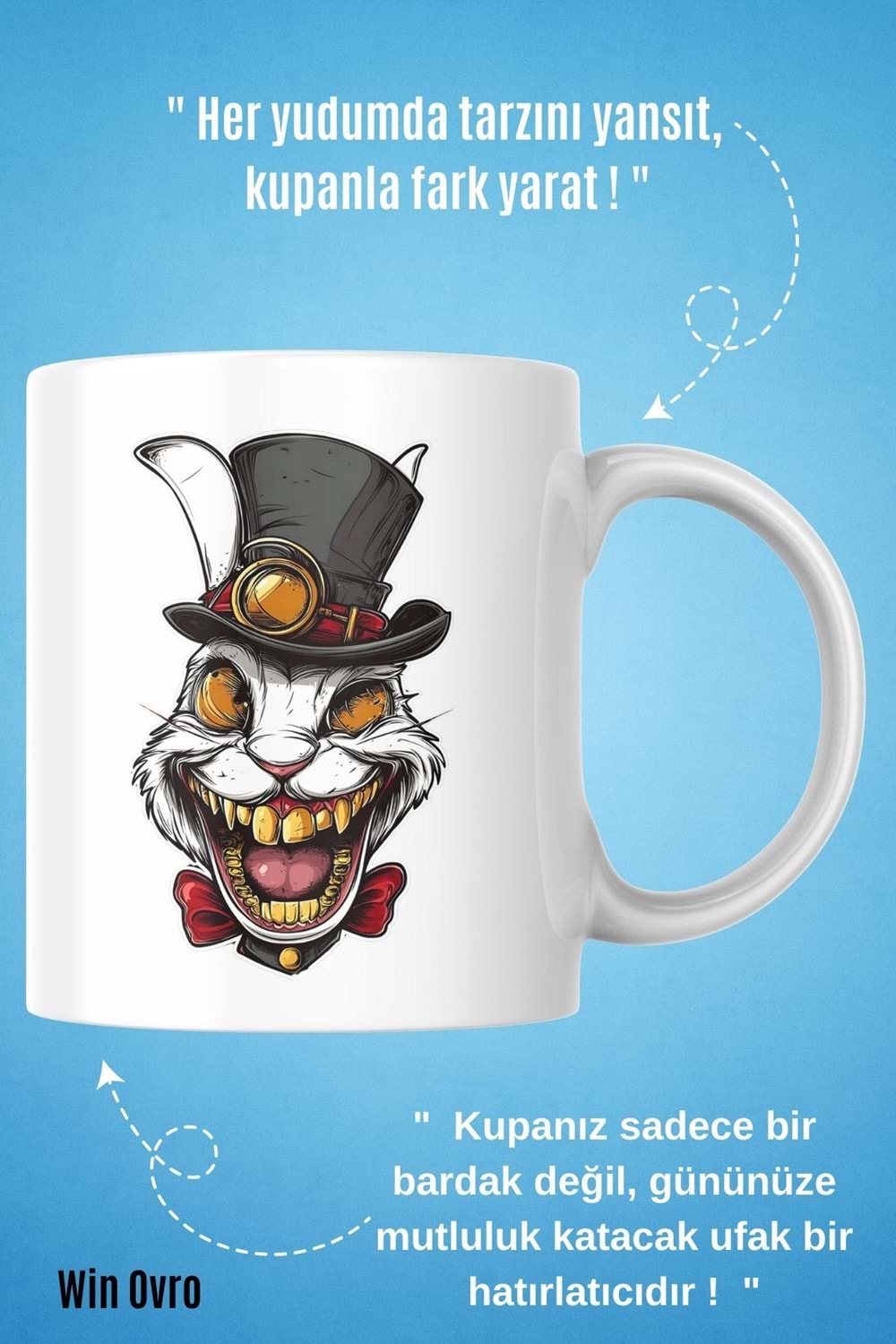Win Ovro Premium Beyaz Porselen Hediye Kupa Bardak Çift Yön Baskı - Altın Dişli Şapkacı Deli Tavşan