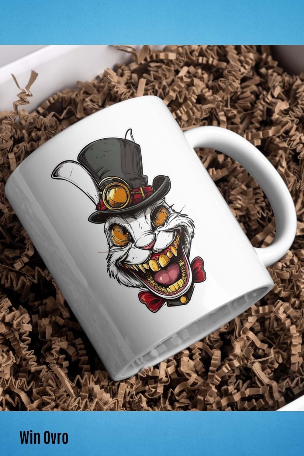 Win Ovro Premium Beyaz Porselen Hediye Kupa Bardak Çift Yön Baskı - Altın Dişli Şapkacı Deli Tavşan
