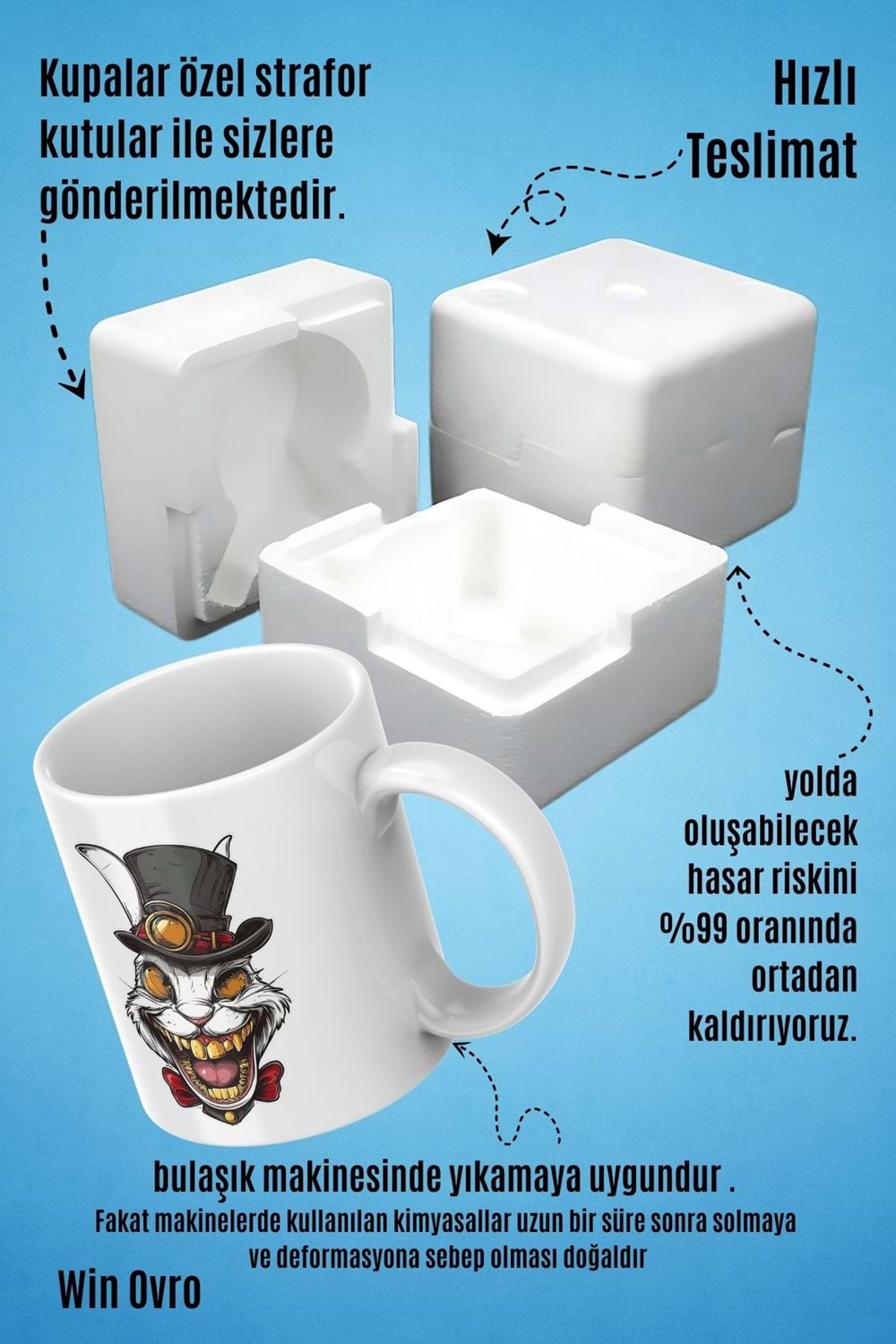 Win Ovro Premium Beyaz Porselen Hediye Kupa Bardak Çift Yön Baskı - Altın Dişli Şapkacı Deli Tavşan