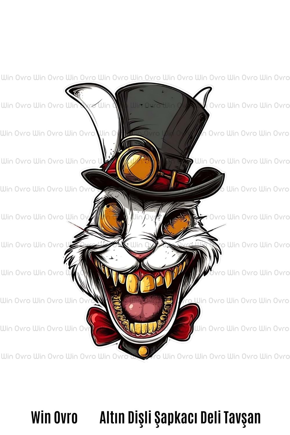 Win Ovro Premium Beyaz Porselen Hediye Kupa Bardak Çift Yön Baskı - Altın Dişli Şapkacı Deli Tavşan
