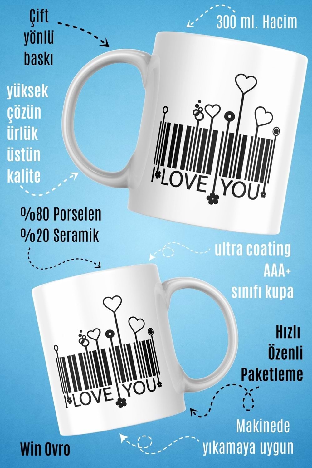 Win Ovro Premium Beyaz Porselen Hediye Kupa Bardak Çift Yön Baskı - I Love You Barkot