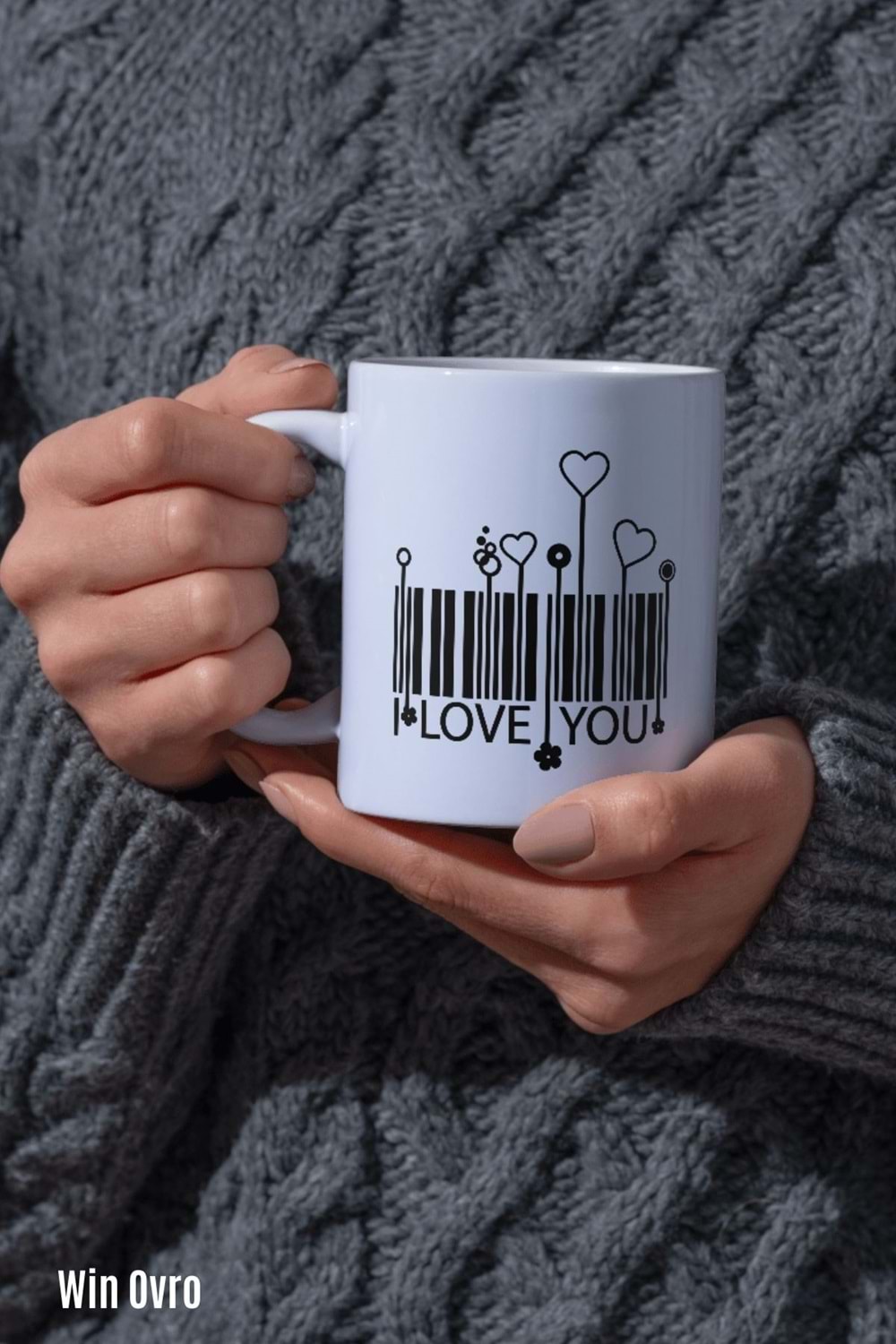 Win Ovro Premium Beyaz Porselen Hediye Kupa Bardak Çift Yön Baskı - I Love You Barkot