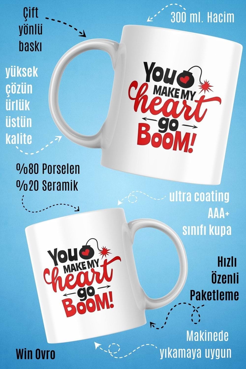 Win Ovro Premium Beyaz Porselen Hediye Kupa Bardak Çift Yön Baskı - Make My Heart go Boom