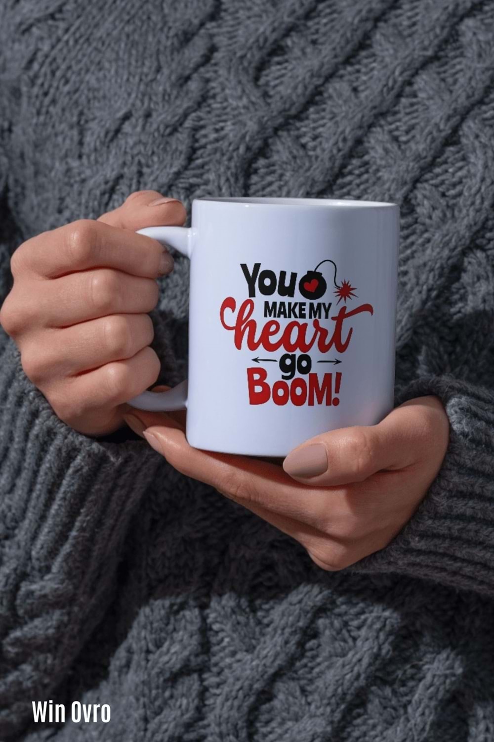 Win Ovro Premium Beyaz Porselen Hediye Kupa Bardak Çift Yön Baskı - Make My Heart go Boom