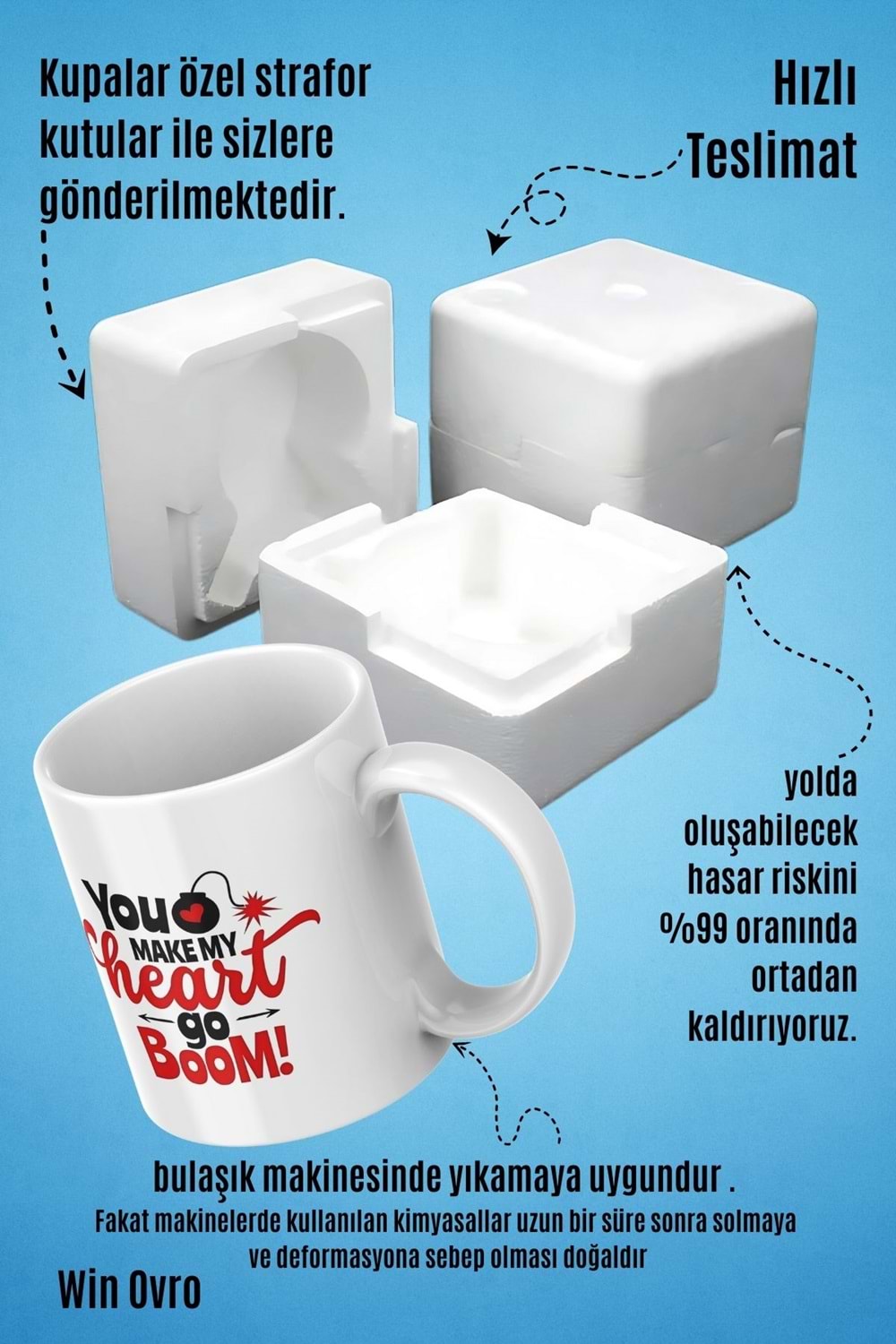 Win Ovro Premium Beyaz Porselen Hediye Kupa Bardak Çift Yön Baskı - Make My Heart go Boom