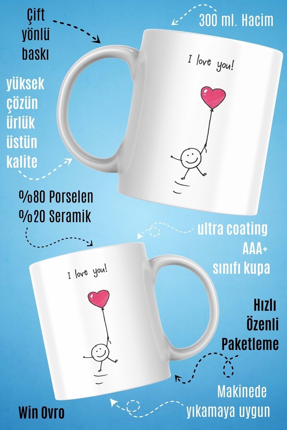 Win Ovro Premium Beyaz Porselen Hediye Kupa Bardak Çift Yön Baskı - I Love You Balon Kalp