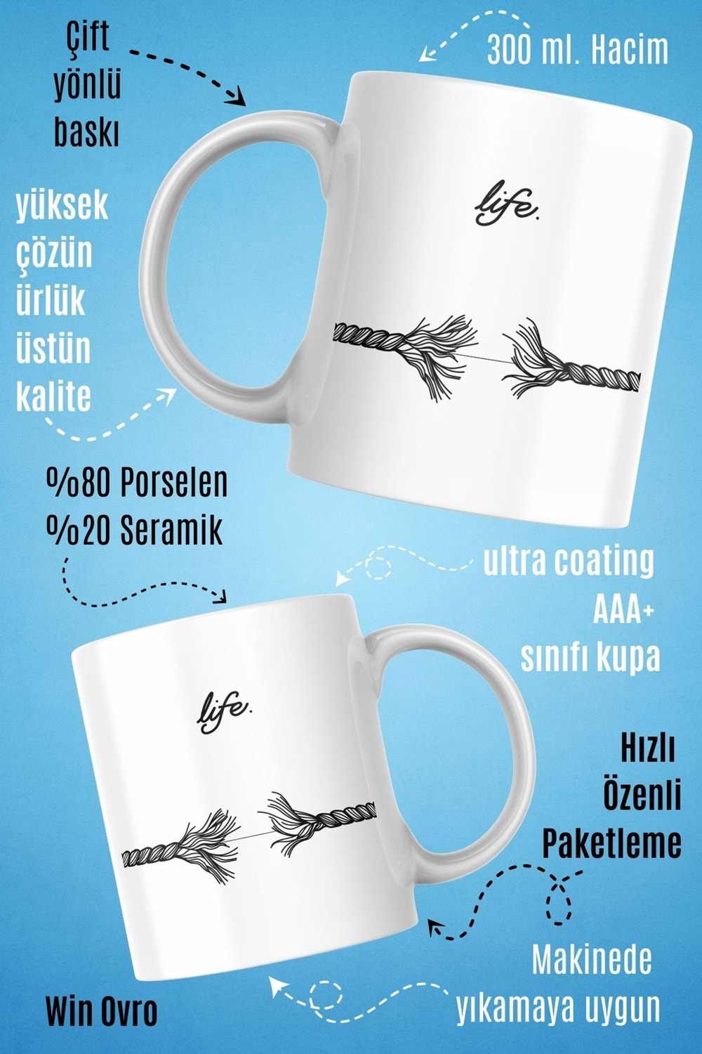 Win Ovro Premium Beyaz Porselen Hediye Kupa Bardak Çift Yön Baskı - Life is This Hayat İşte Bu