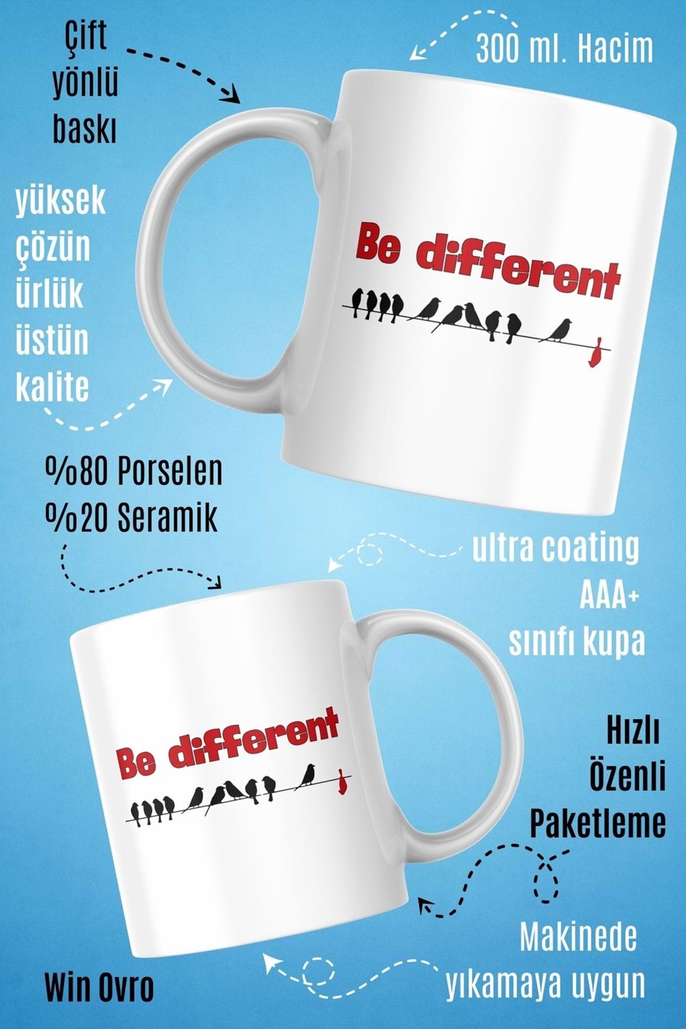 Win Ovro Premium Beyaz Porselen Hediye Kupa Bardak Çift Yön Baskı - Be Different Farklı Ol