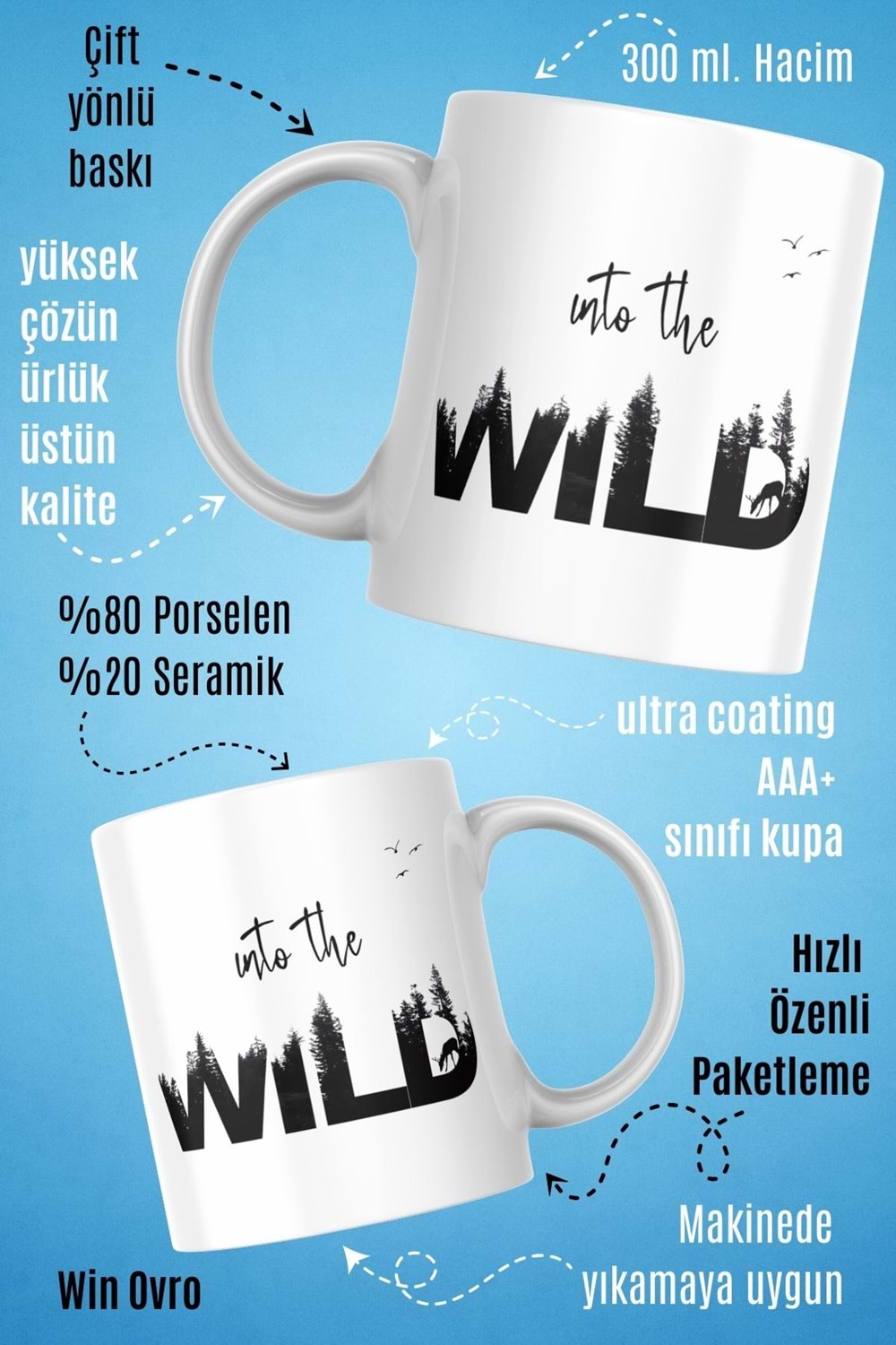 Win Ovro Premium Beyaz Porselen Hediye Kupa Bardak Çift Yön Baskı - Vahşi Doğaya in to the Wild