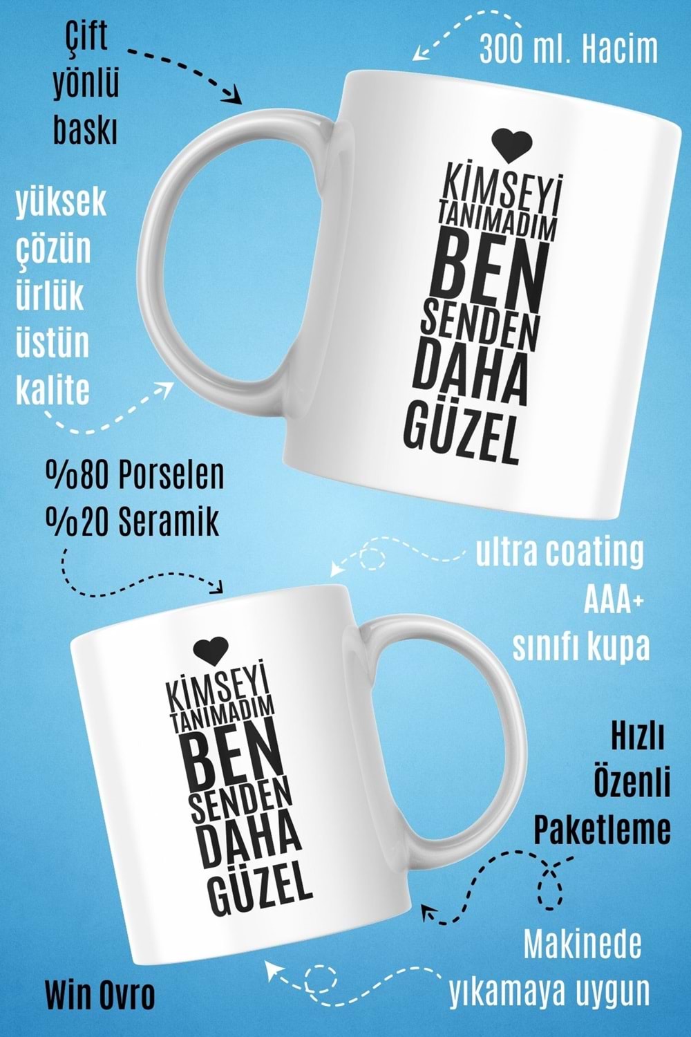 Win Ovro Premium Beyaz Porselen Hediye Kupa Bardak Çift Yön Baskı - Senden Daha Güzel
