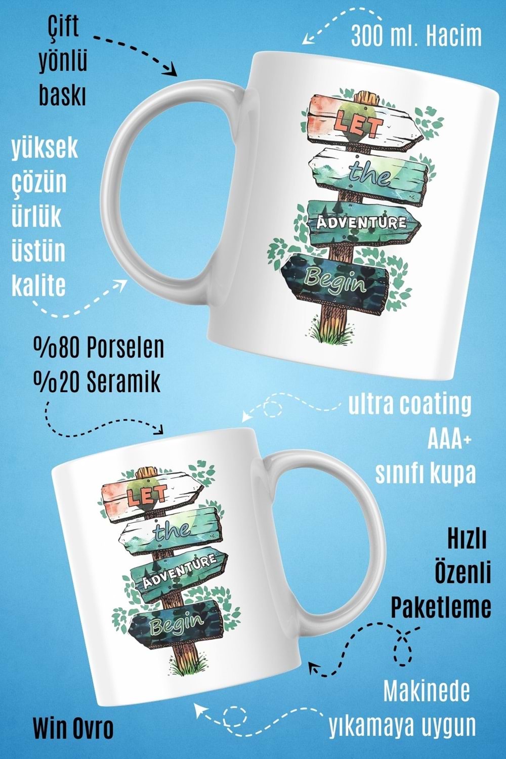 Win Ovro Premium Beyaz Porselen Hediye Kupa Bardak Çift Yön Baskı - Doğaya Çağrı Sınırları Aş