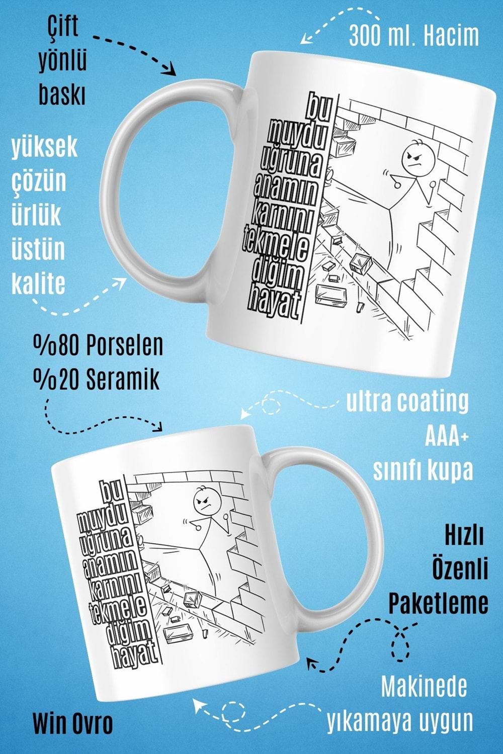 Win Ovro Premium Beyaz Porselen Hediye Çift Yön Baskılı Kupa Bardak - Bu muydu uğruna anamın karnını