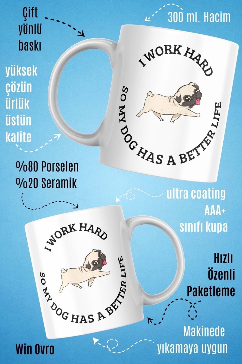 Win Ovro Premium Beyaz Porselen Hediye Çift Yön Baskılı Kupa Bardak - I Work Hard So My Dog