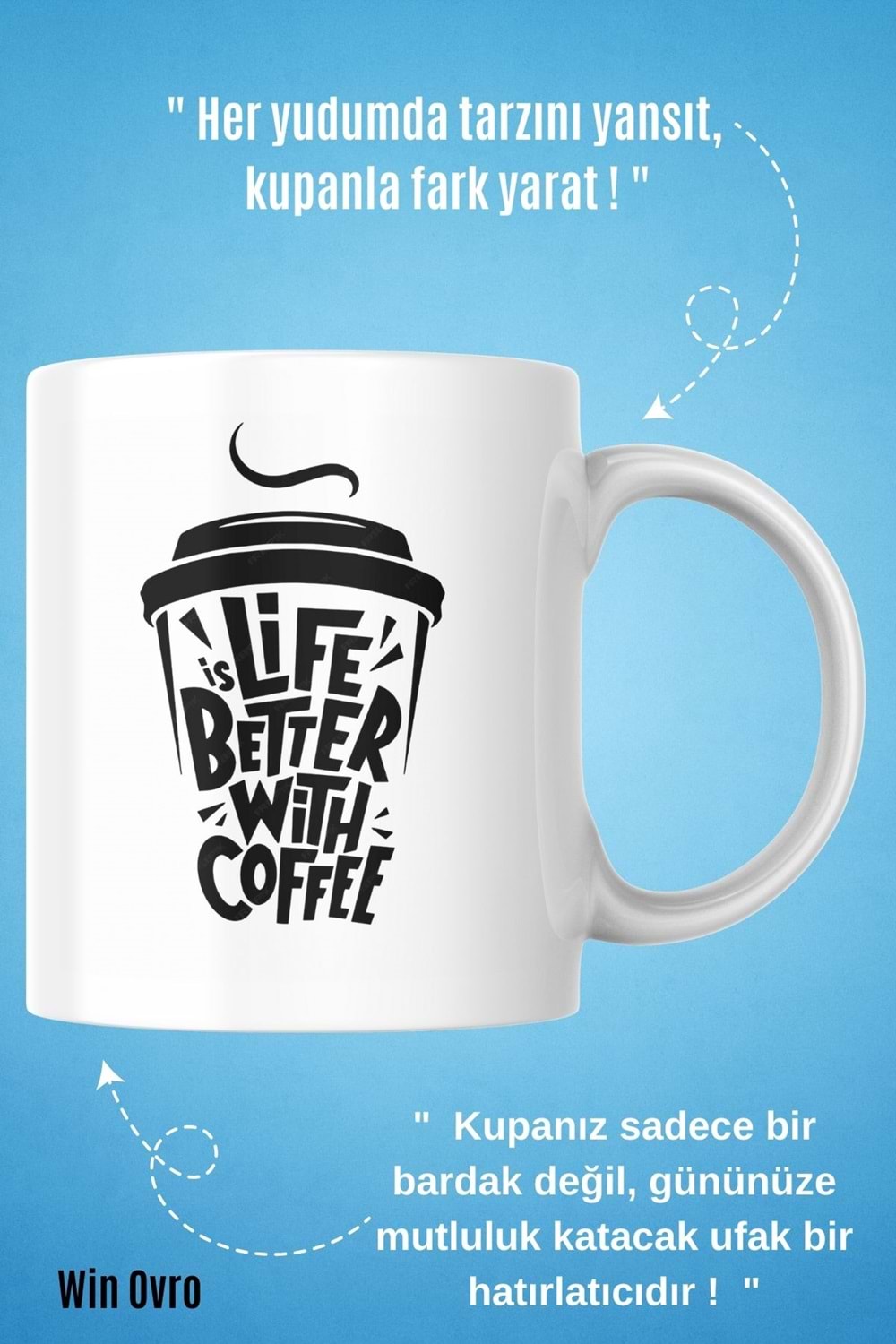 Win Ovro Premium Beyaz Porselen Hediye Çift Yön Baskılı Kupa Bardak - İs Life Better With Coffee
