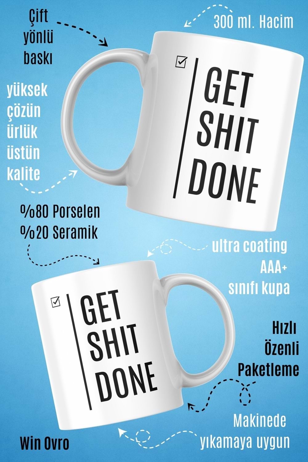 Win Ovro Premium Beyaz Porselen Hediye Çift Yön Baskılı Kupa Bardak - Get Shit Done