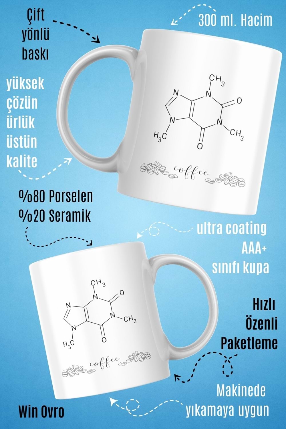Win Ovro Premium Beyaz Porselen Hediye Çift Yön Baskılı Kupa Bardak - Chemical Coffee Kimyasal Kahve