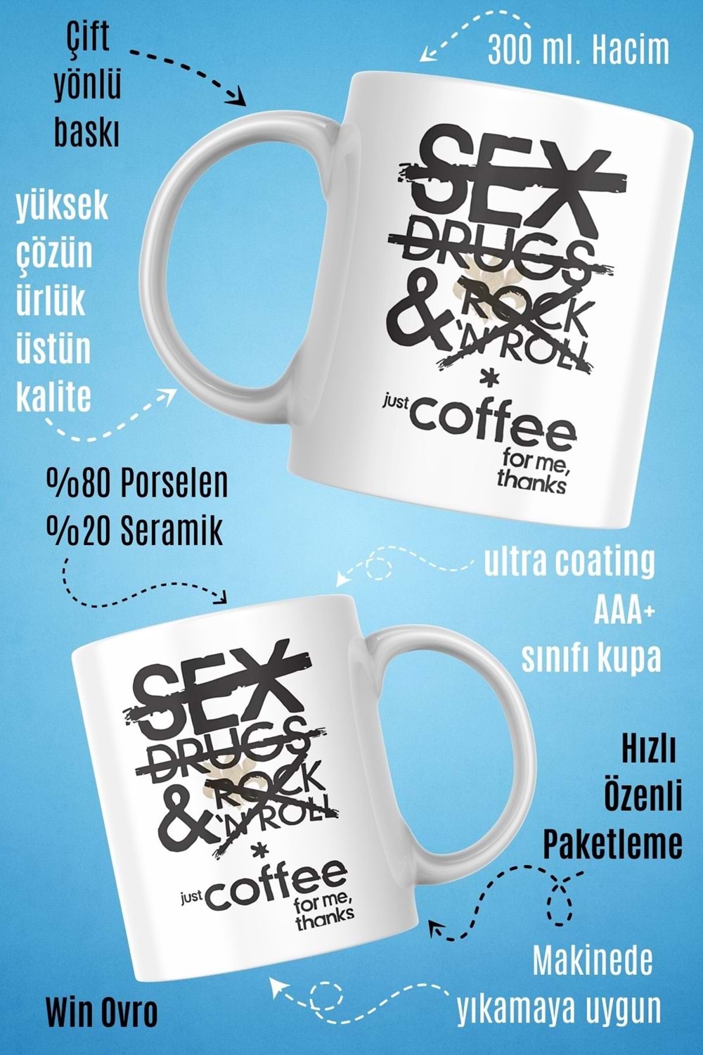 Win Ovro Premium Beyaz Porselen Hediye Çift Yön Baskılı Kupa Bardak - No Drama Just Coffee