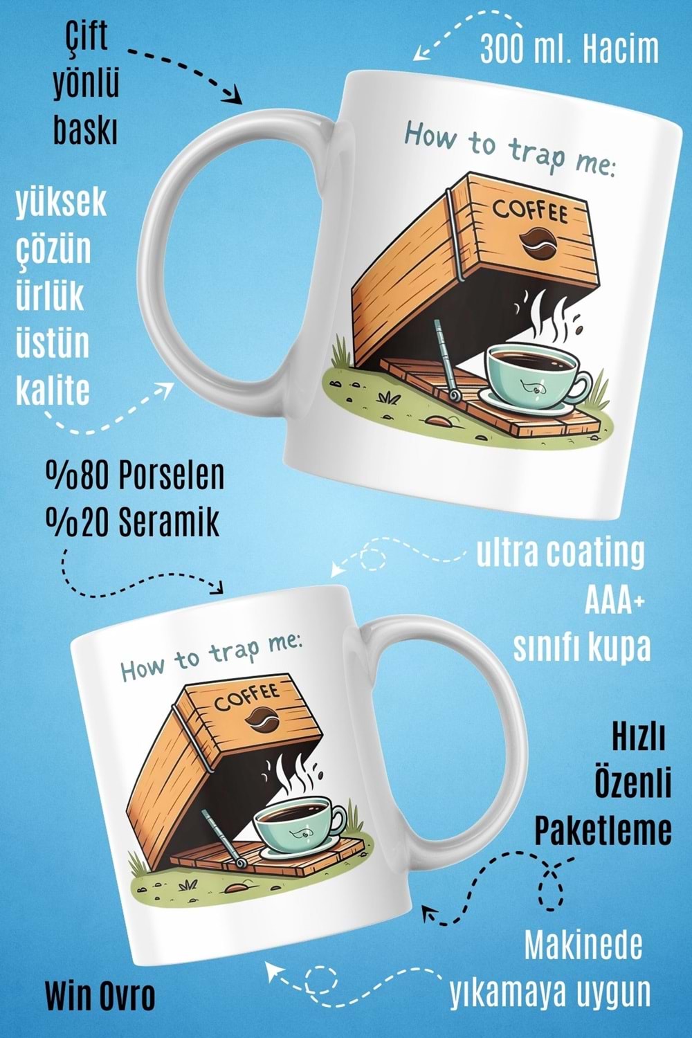 Win Ovro Premium Beyaz Porselen Hediye Çift Yön Baskılı Kupa Bardak - How to Trap me Coffee