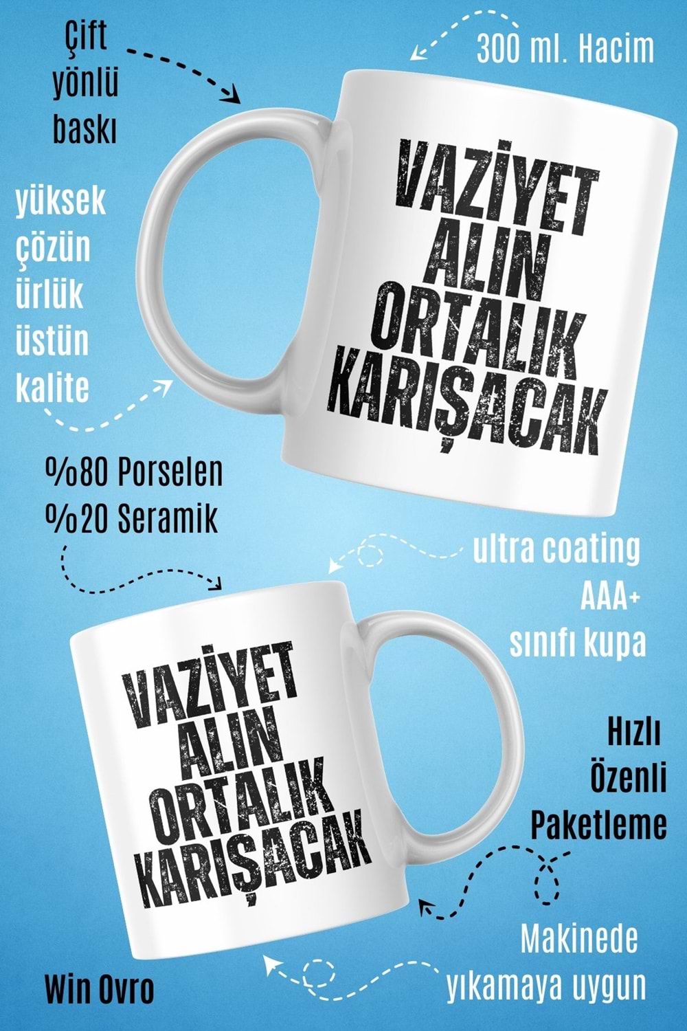 Win Ovro Premium Beyaz Porselen Hediye Çift Yön Baskılı Kupa Bardak - Vaziyet Alın Ortalık Karışacak