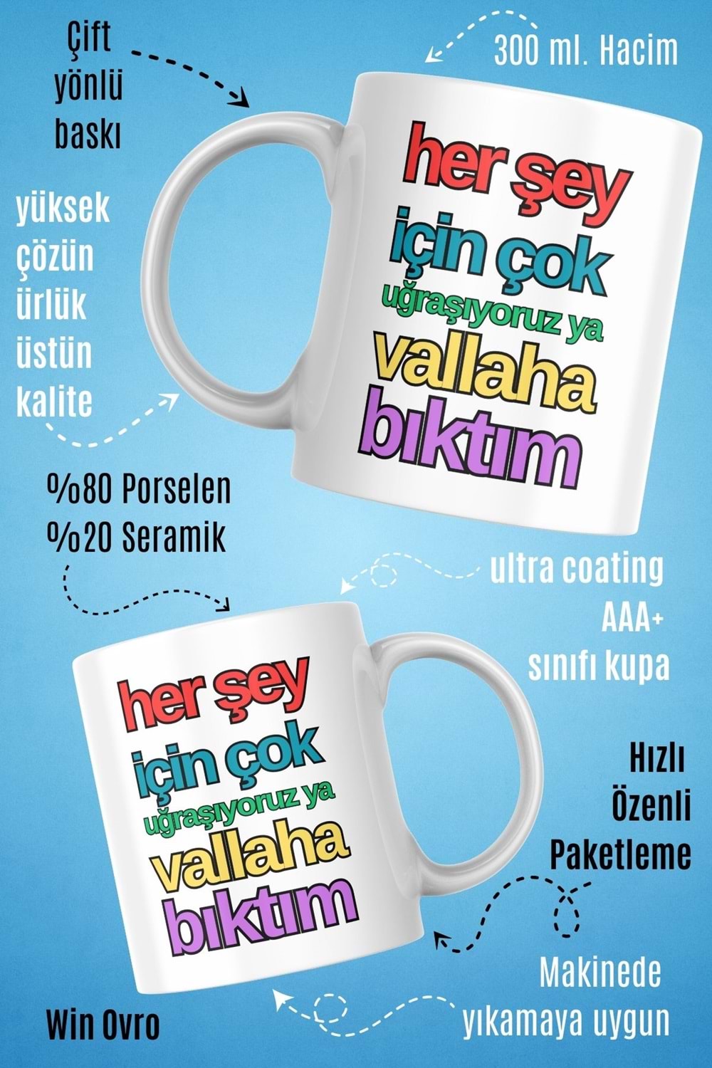 Win Ovro Premium Beyaz Porselen Hediye Çift Yön Baskılı Kupa Bardak - Vallaha Bıktım