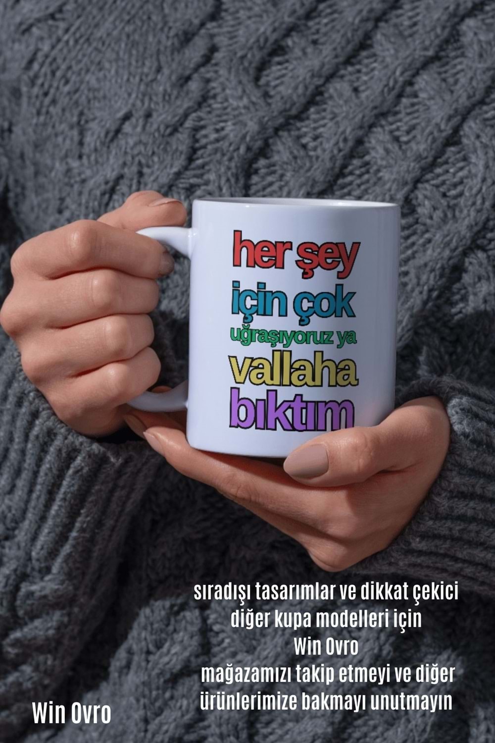 Win Ovro Premium Beyaz Porselen Hediye Çift Yön Baskılı Kupa Bardak - Vallaha Bıktım