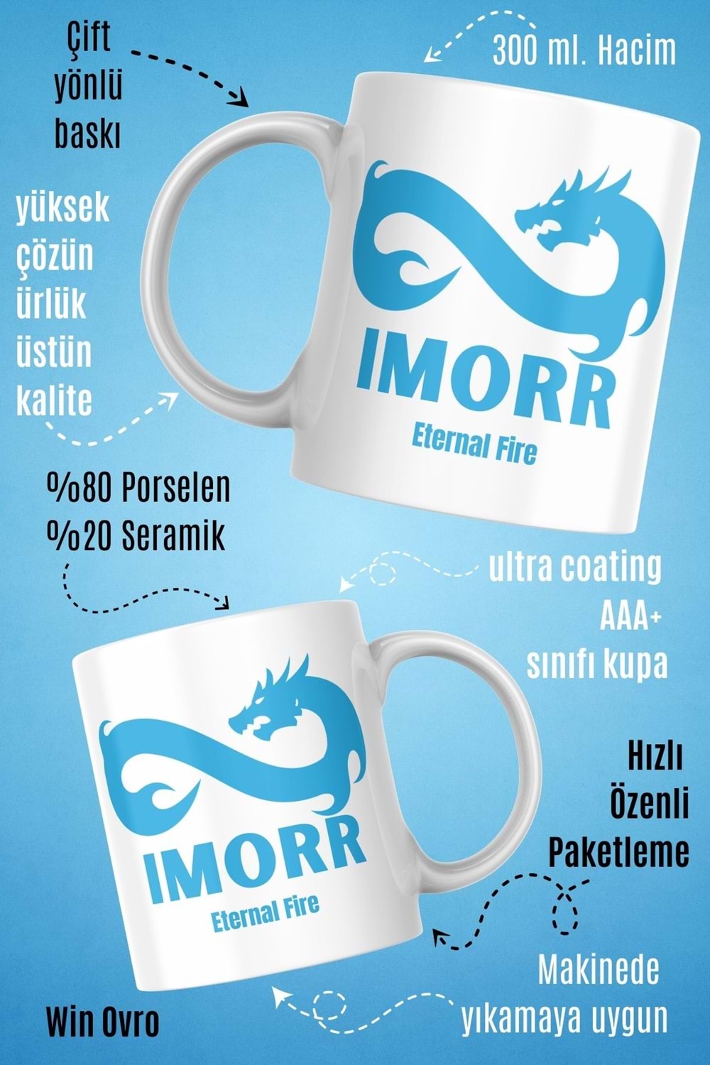 Win Ovro Premium Beyaz Porselen Hediye Çift Yön Baskılı Kupa Bardak - Eternal Fire IMORR