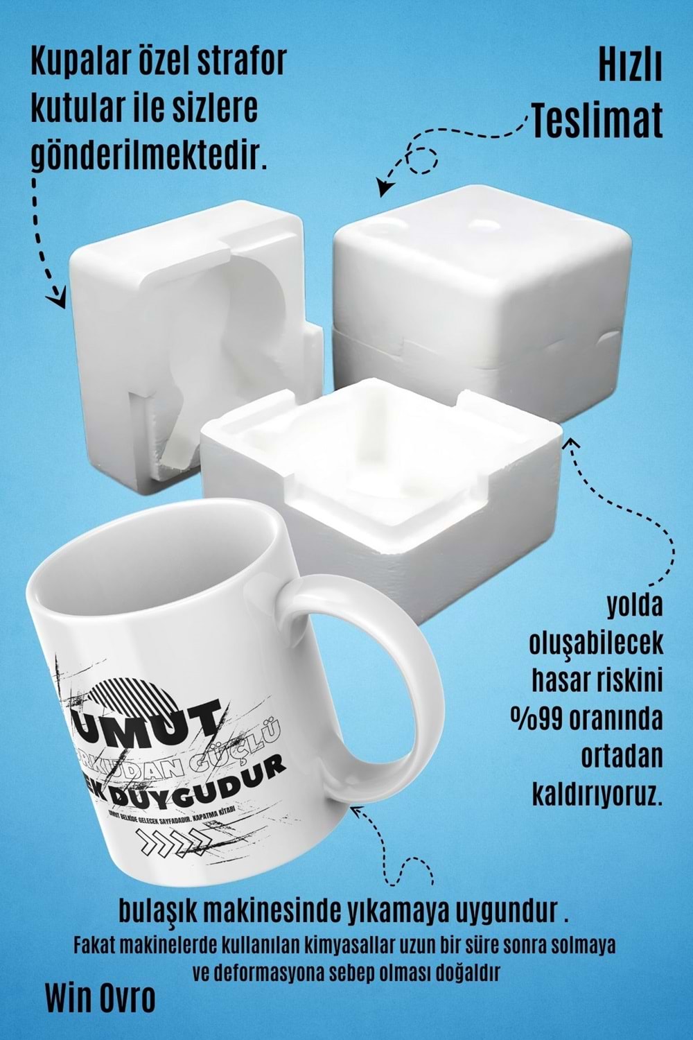 Win Ovro Premium Beyaz Porselen Hediye Çift Yön Baskılı Kupa Bardak - Umut Korkudan Güçlü Tek Duygu