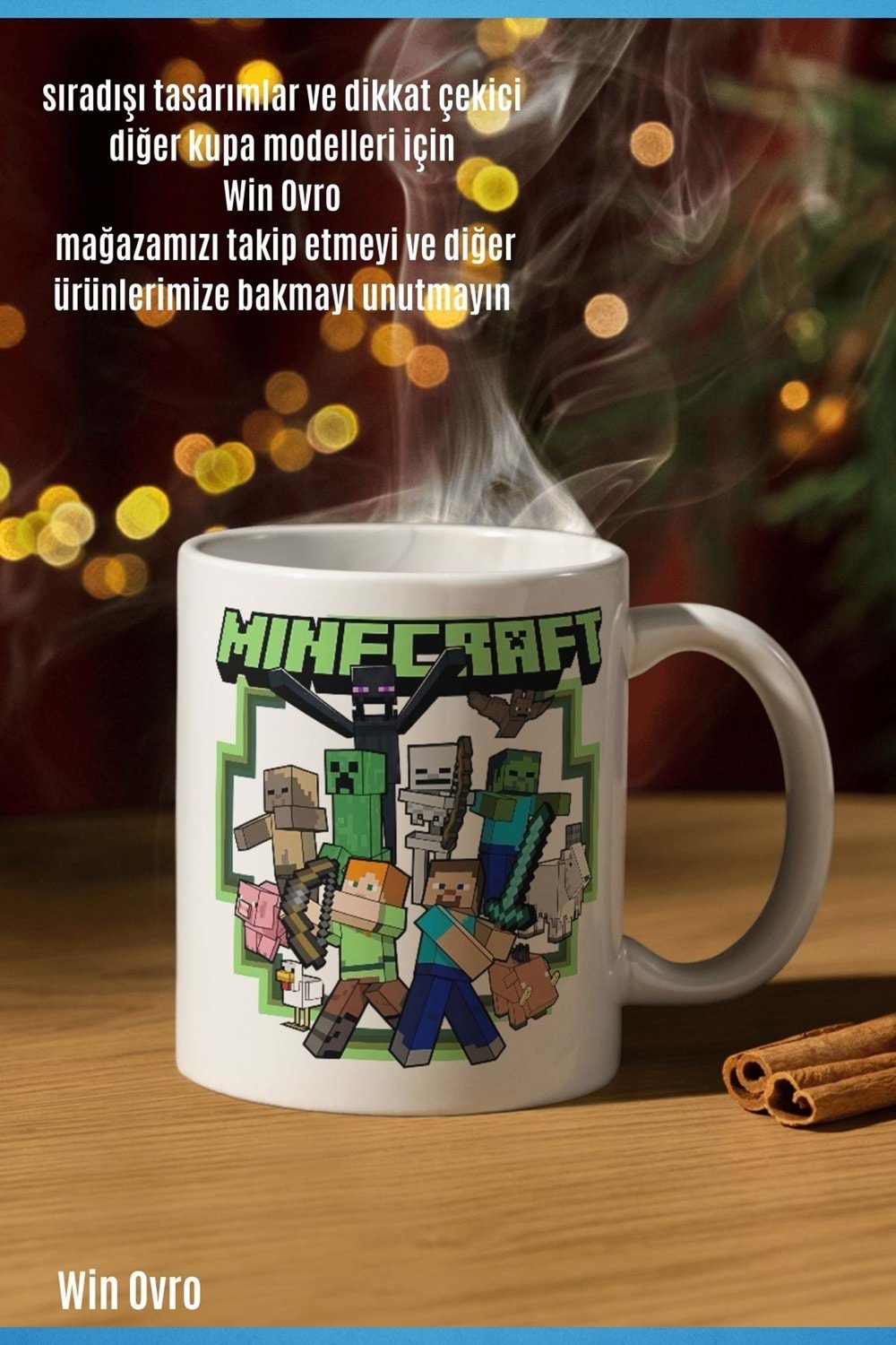 Win Ovro Premium Beyaz Porselen Hediye Çift Yön Baskılı Kupa Bardak - Minecraft 03