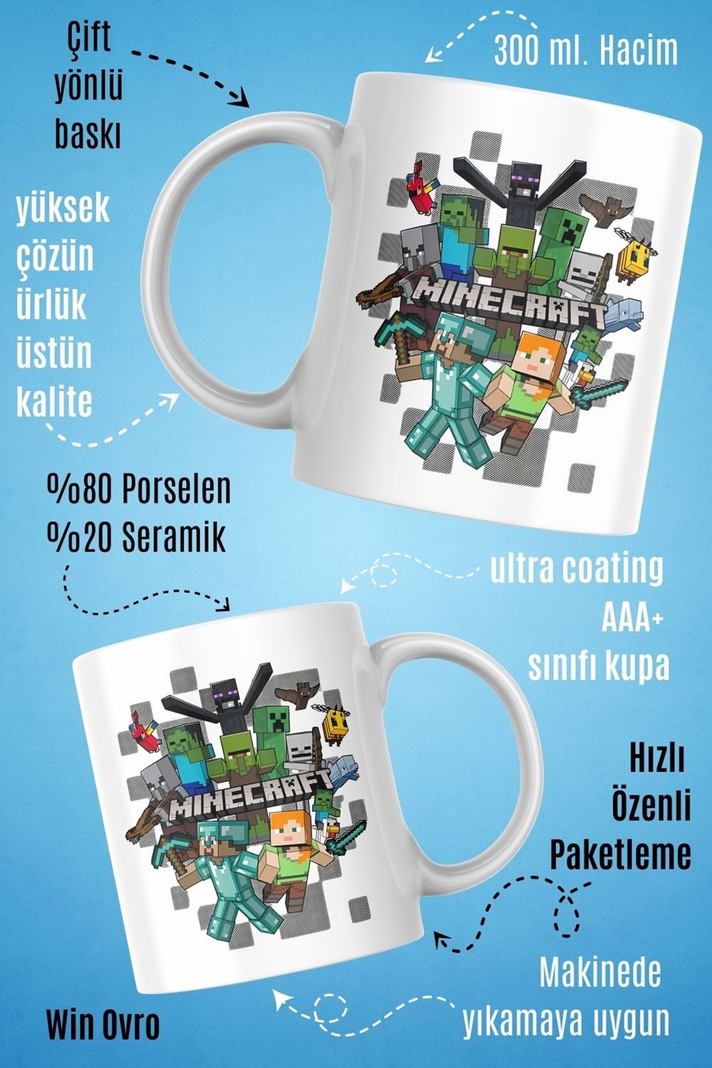 Win Ovro Premium Beyaz Porselen Hediye Çift Yön Baskılı Kupa Bardak - Minecraft 04
