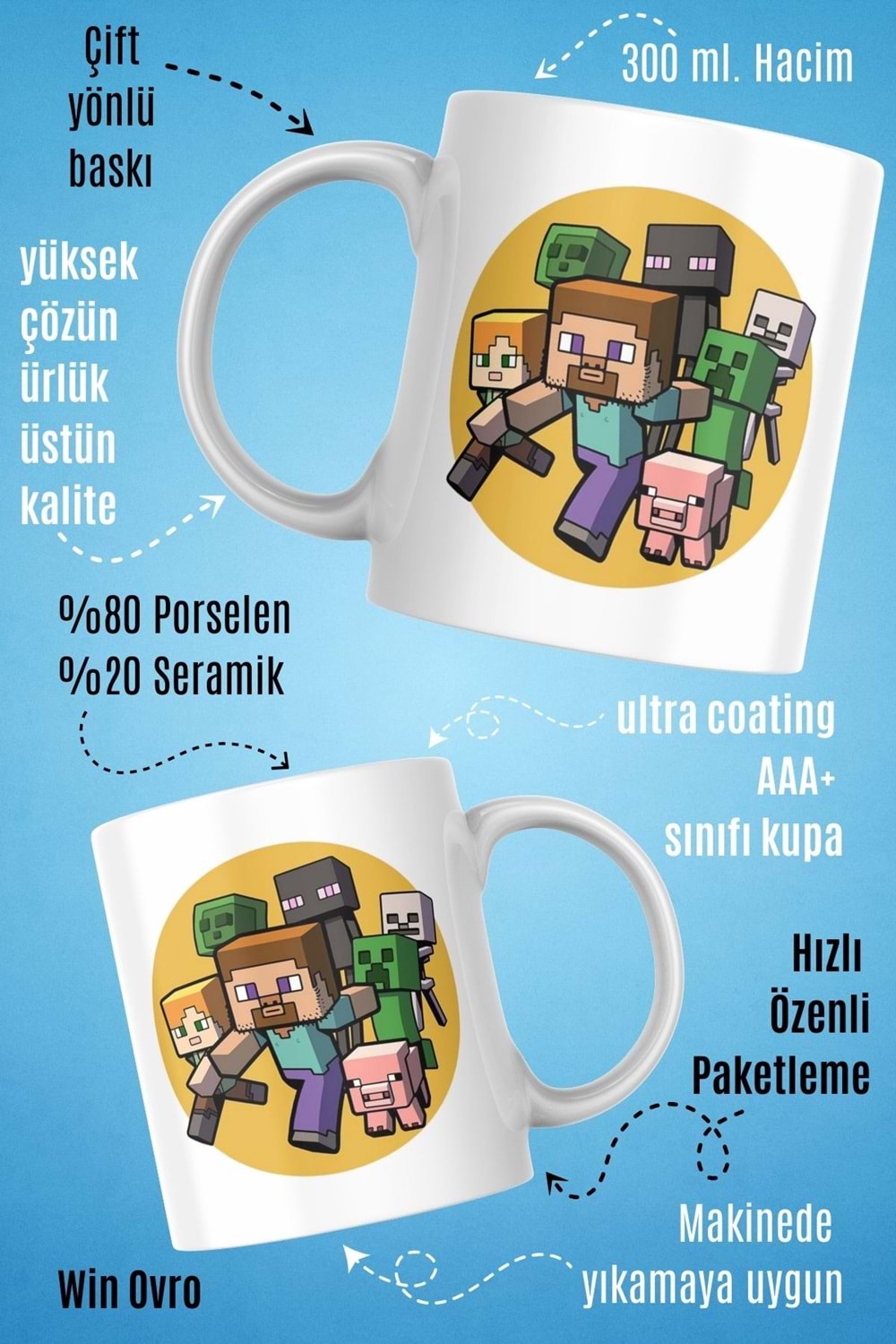 Win Ovro Premium Beyaz Porselen Hediye Çift Yön Baskılı Kupa Bardak - Minecraft 05