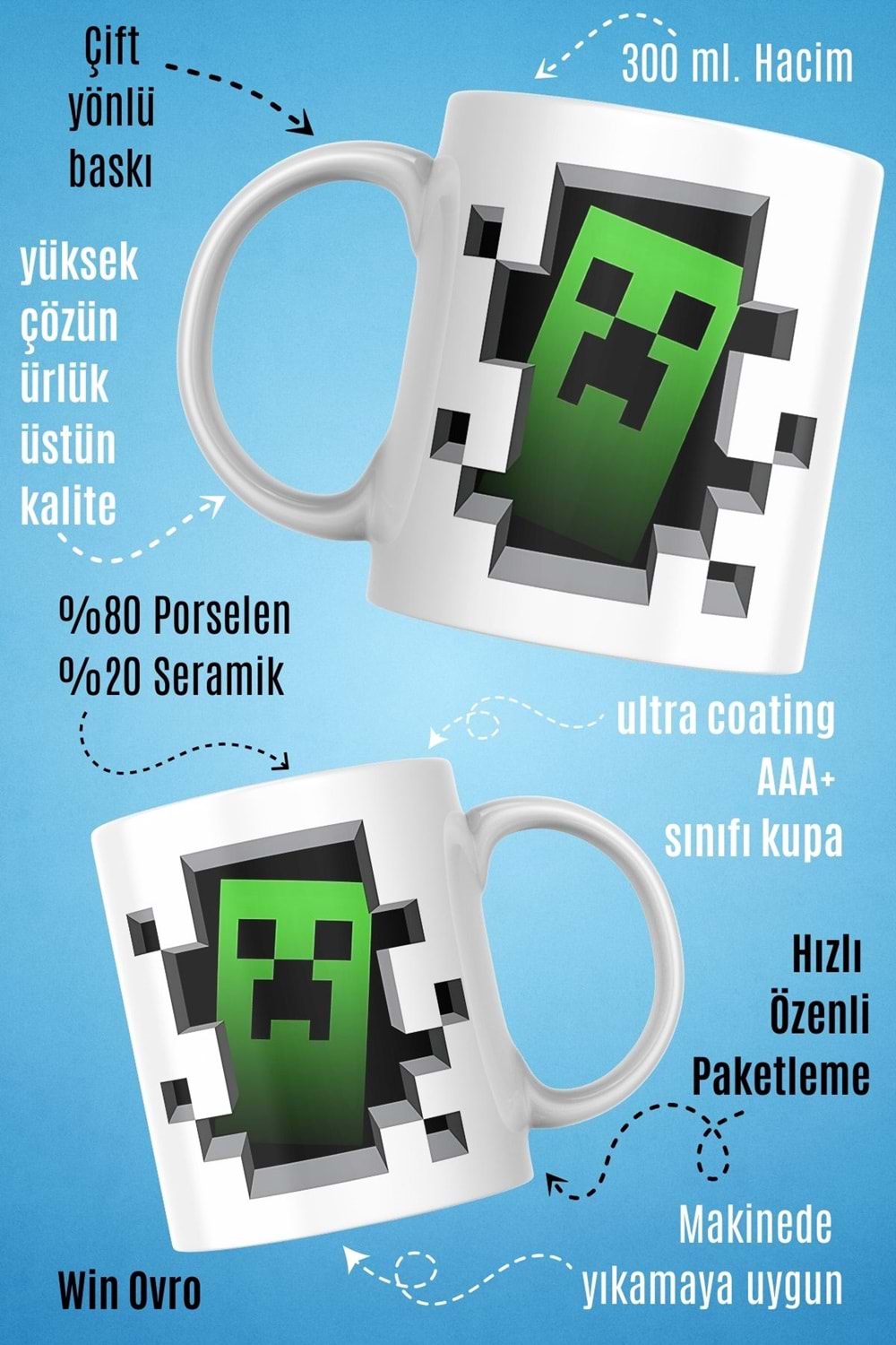 Win Ovro Premium Beyaz Porselen Hediye Çift Yön Baskılı Kupa Bardak - Minecraft 06