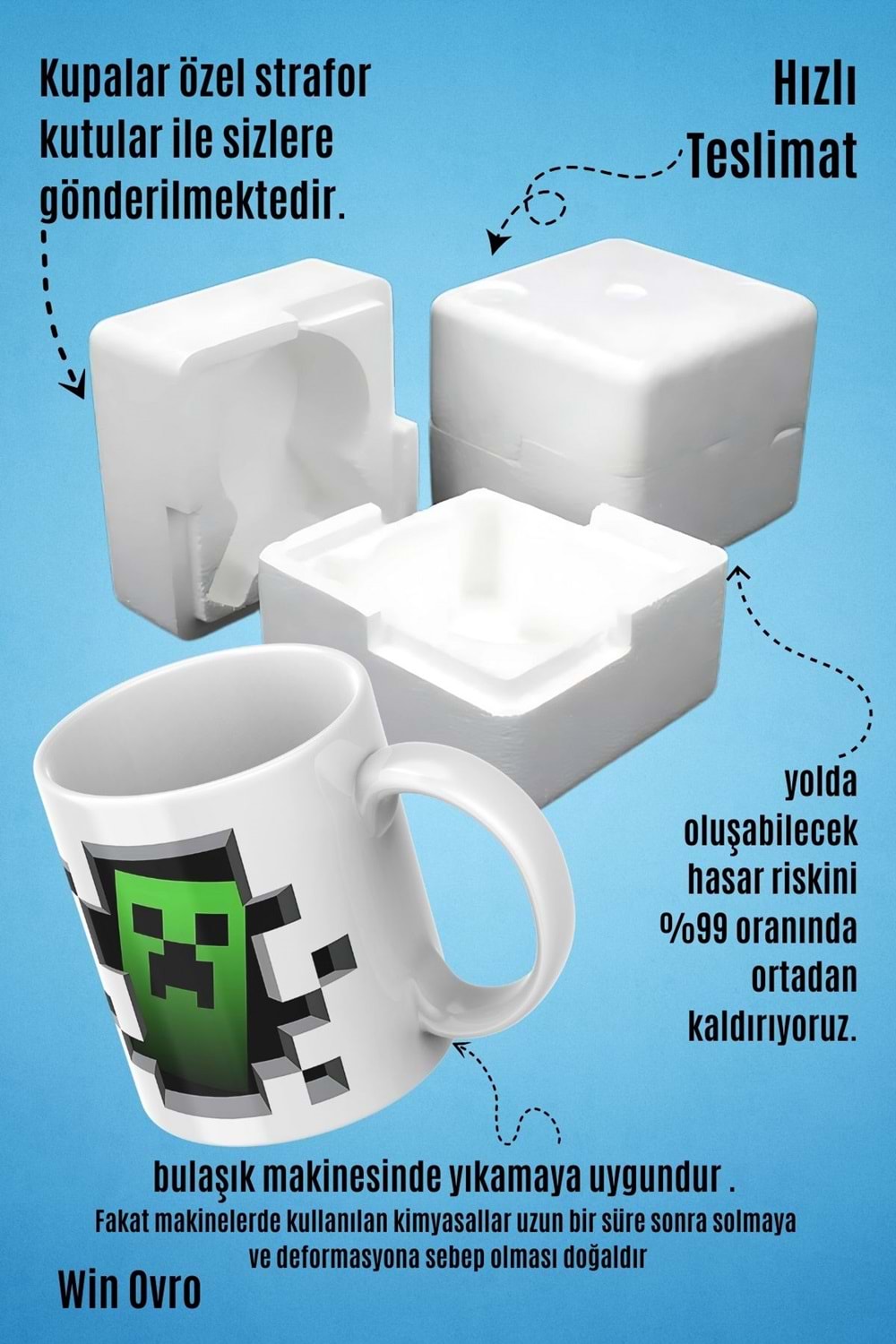 Win Ovro Premium Beyaz Porselen Hediye Çift Yön Baskılı Kupa Bardak - Minecraft 06