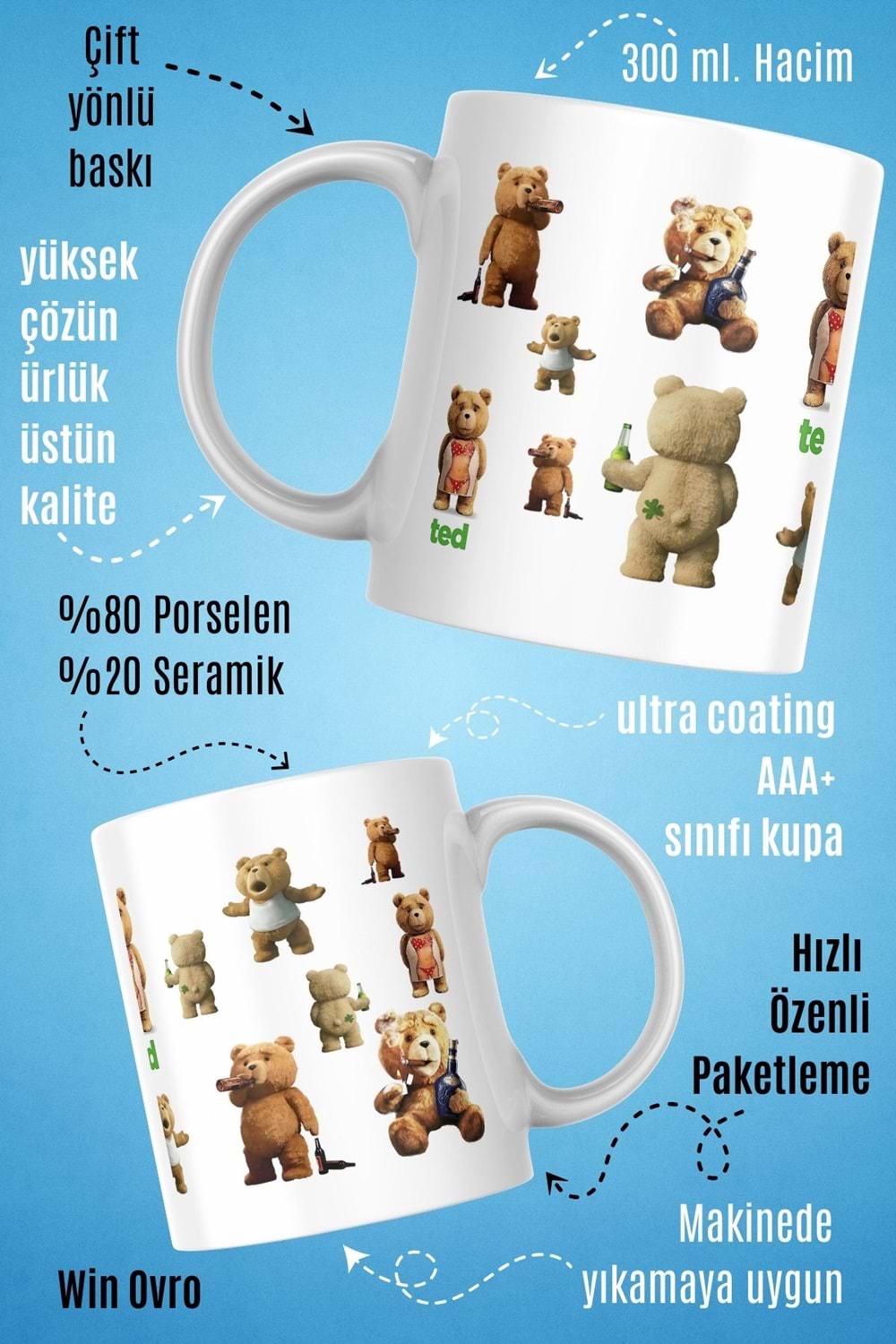 Win Ovro Premium Beyaz Porselen Hediye Çift Yön Baskılı Kupa Bardak - Ayı Teddy Bear 01