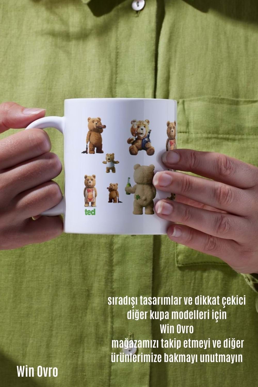 Win Ovro Premium Beyaz Porselen Hediye Çift Yön Baskılı Kupa Bardak - Ayı Teddy Bear 01