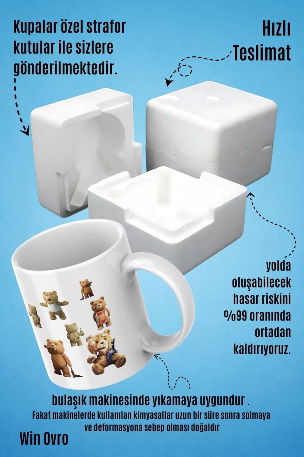 Win Ovro Premium Beyaz Porselen Hediye Çift Yön Baskılı Kupa Bardak - Ayı Teddy Bear 01
