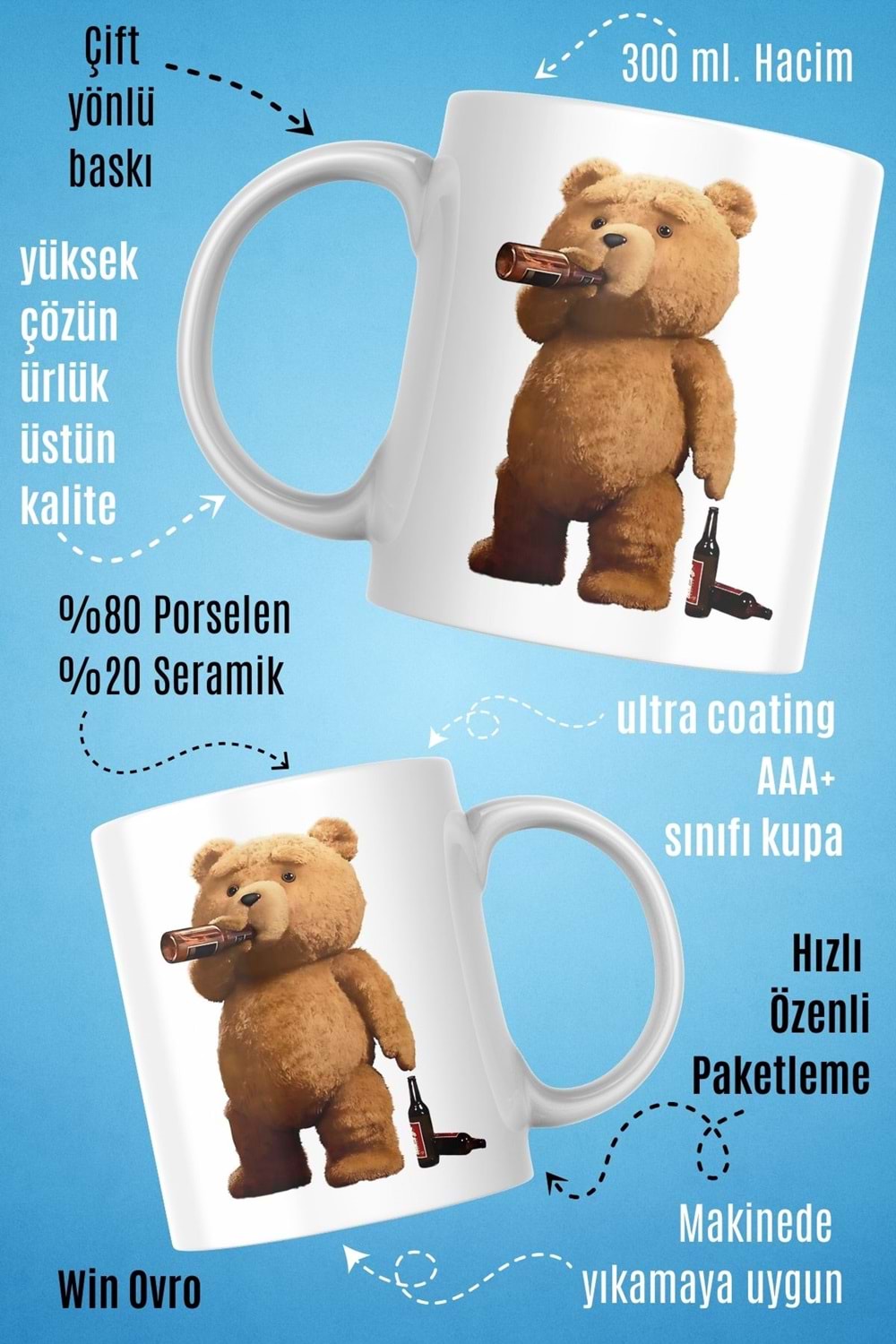 Win Ovro Premium Beyaz Porselen Hediye Çift Yön Baskılı Kupa Bardak - Ayı Teddy Bear 02