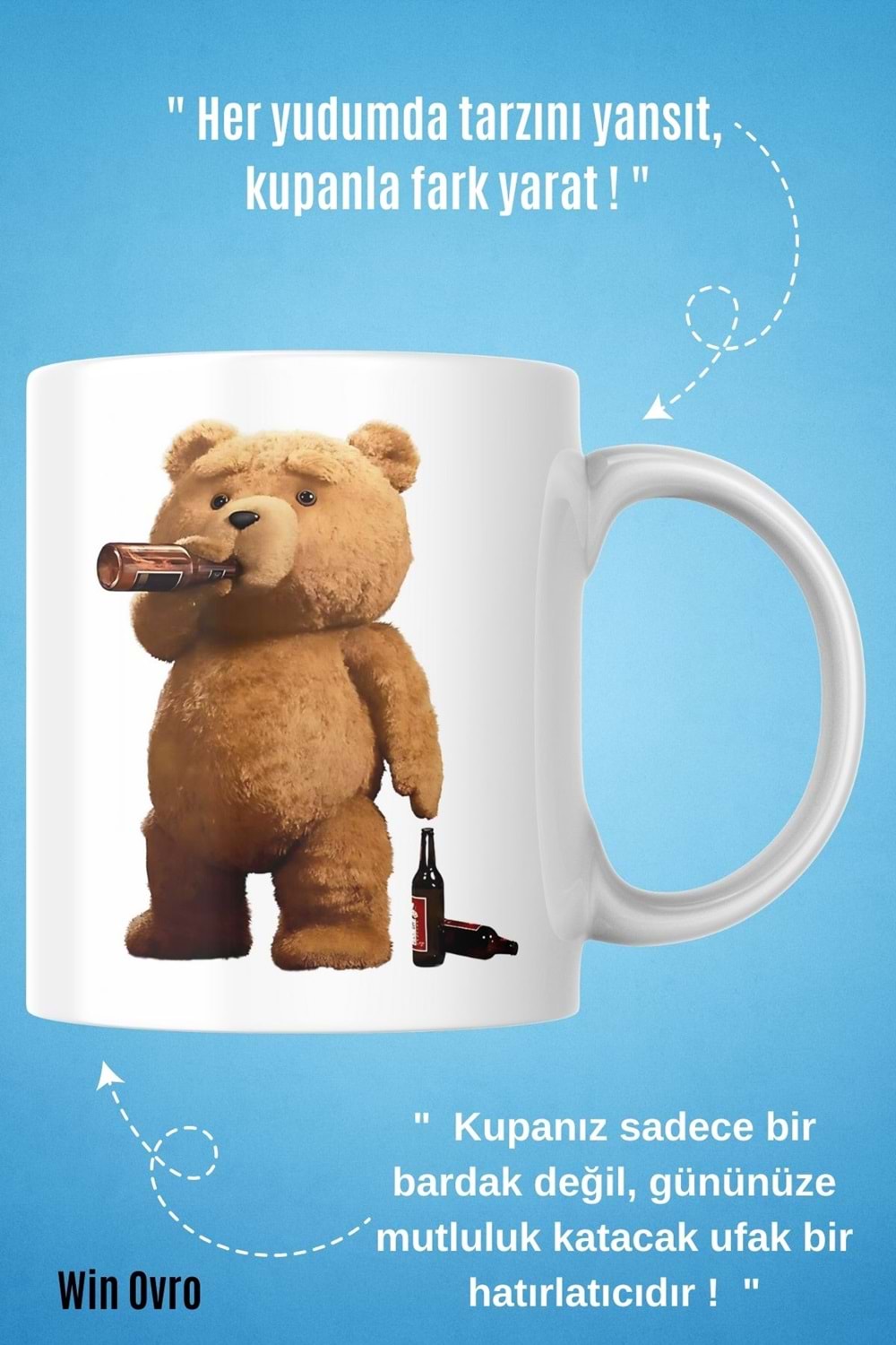 Win Ovro Premium Beyaz Porselen Hediye Çift Yön Baskılı Kupa Bardak - Ayı Teddy Bear 02