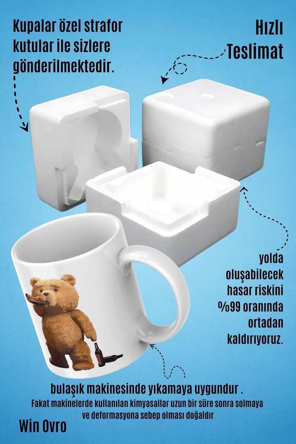 Win Ovro Premium Beyaz Porselen Hediye Çift Yön Baskılı Kupa Bardak - Ayı Teddy Bear 02