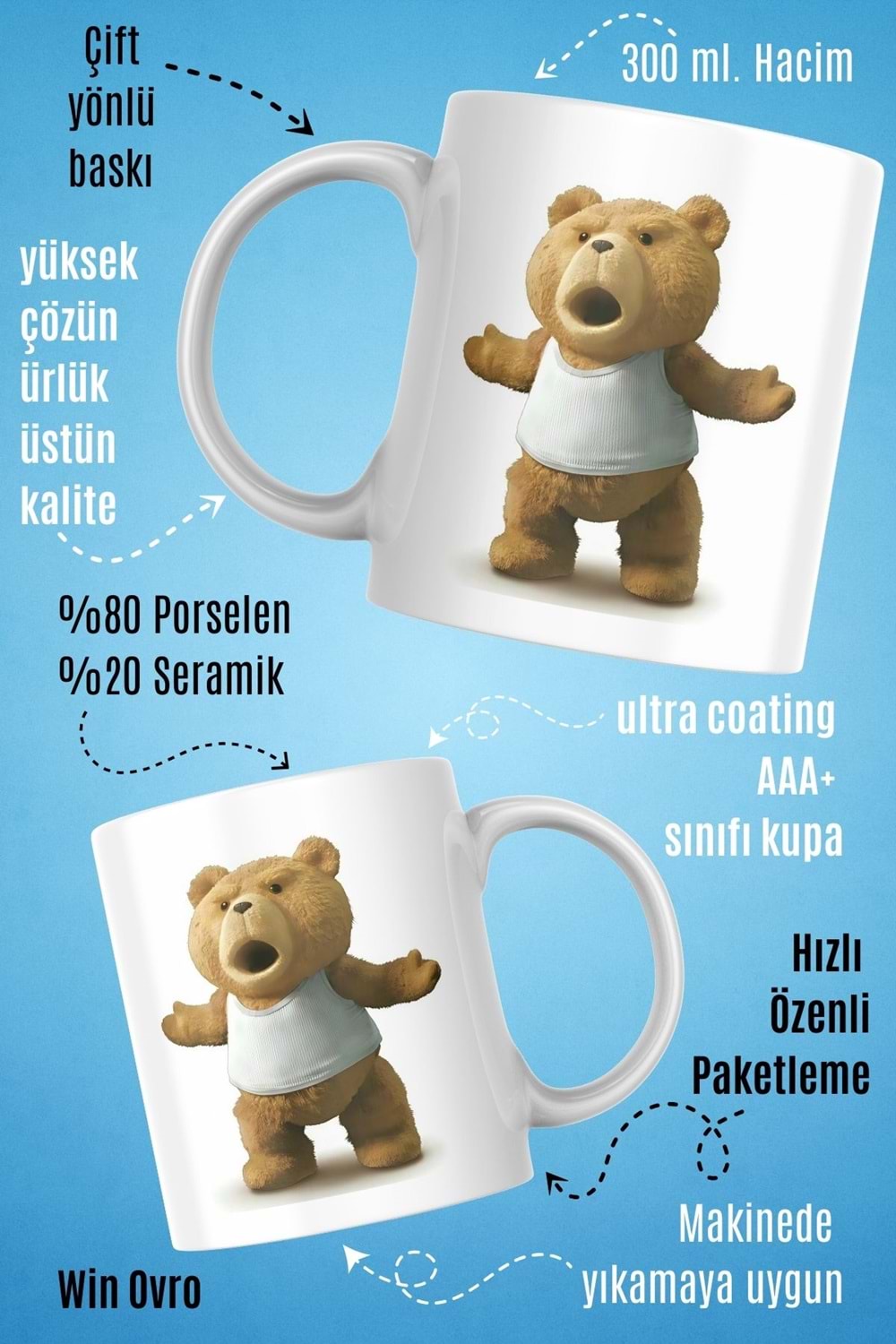 Win Ovro Premium Beyaz Porselen Hediye Çift Yön Baskılı Kupa Bardak - Ayı Teddy Bear 03