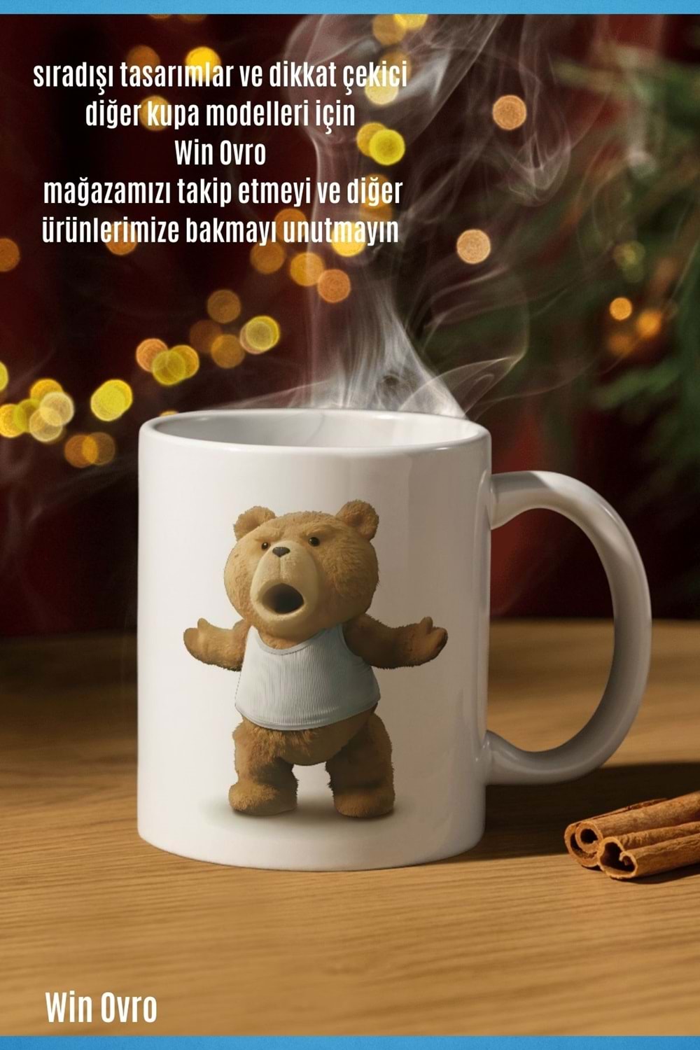 Win Ovro Premium Beyaz Porselen Hediye Çift Yön Baskılı Kupa Bardak - Ayı Teddy Bear 03