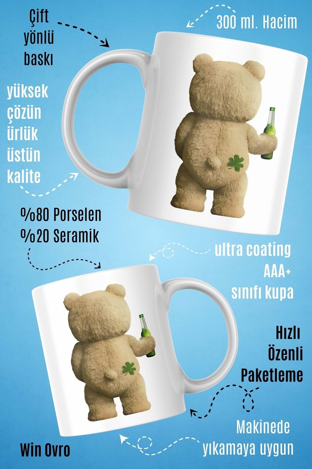 Win Ovro Premium Beyaz Porselen Hediye Çift Yön Baskılı Kupa Bardak - Ayı Teddy Bear 04