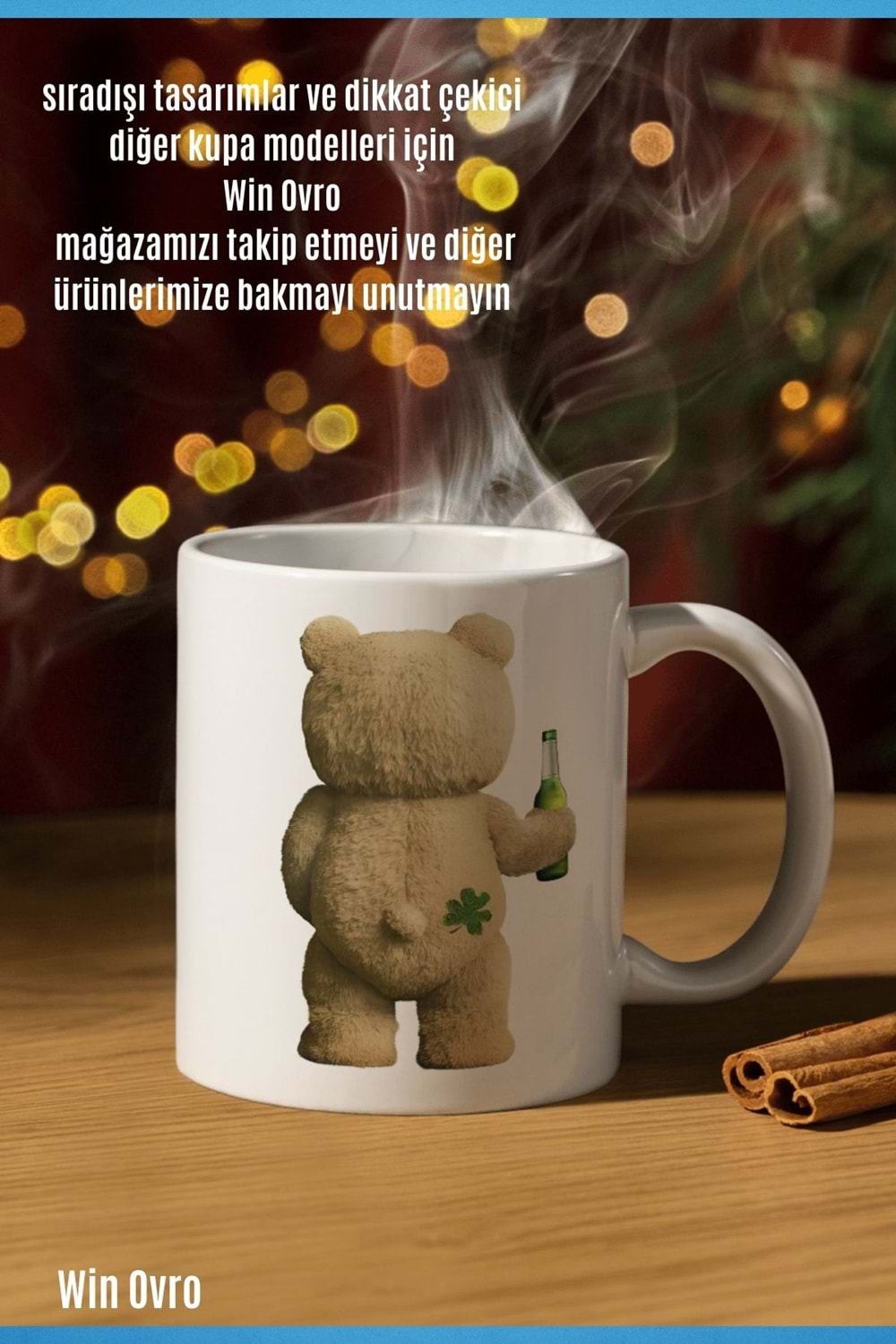 Win Ovro Premium Beyaz Porselen Hediye Çift Yön Baskılı Kupa Bardak - Ayı Teddy Bear 04