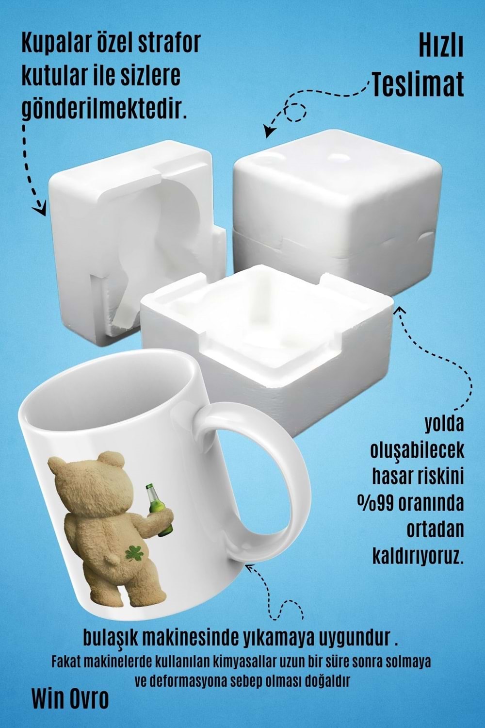 Win Ovro Premium Beyaz Porselen Hediye Çift Yön Baskılı Kupa Bardak - Ayı Teddy Bear 04