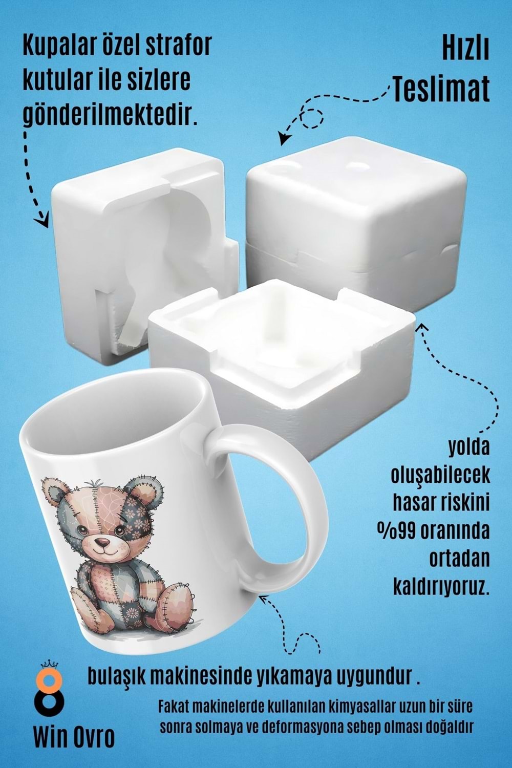 Win Ovro Premium Beyaz Porselen Hediye Çift Yön Baskılı Kupa Bardak - Ayı Teddy Bear 05