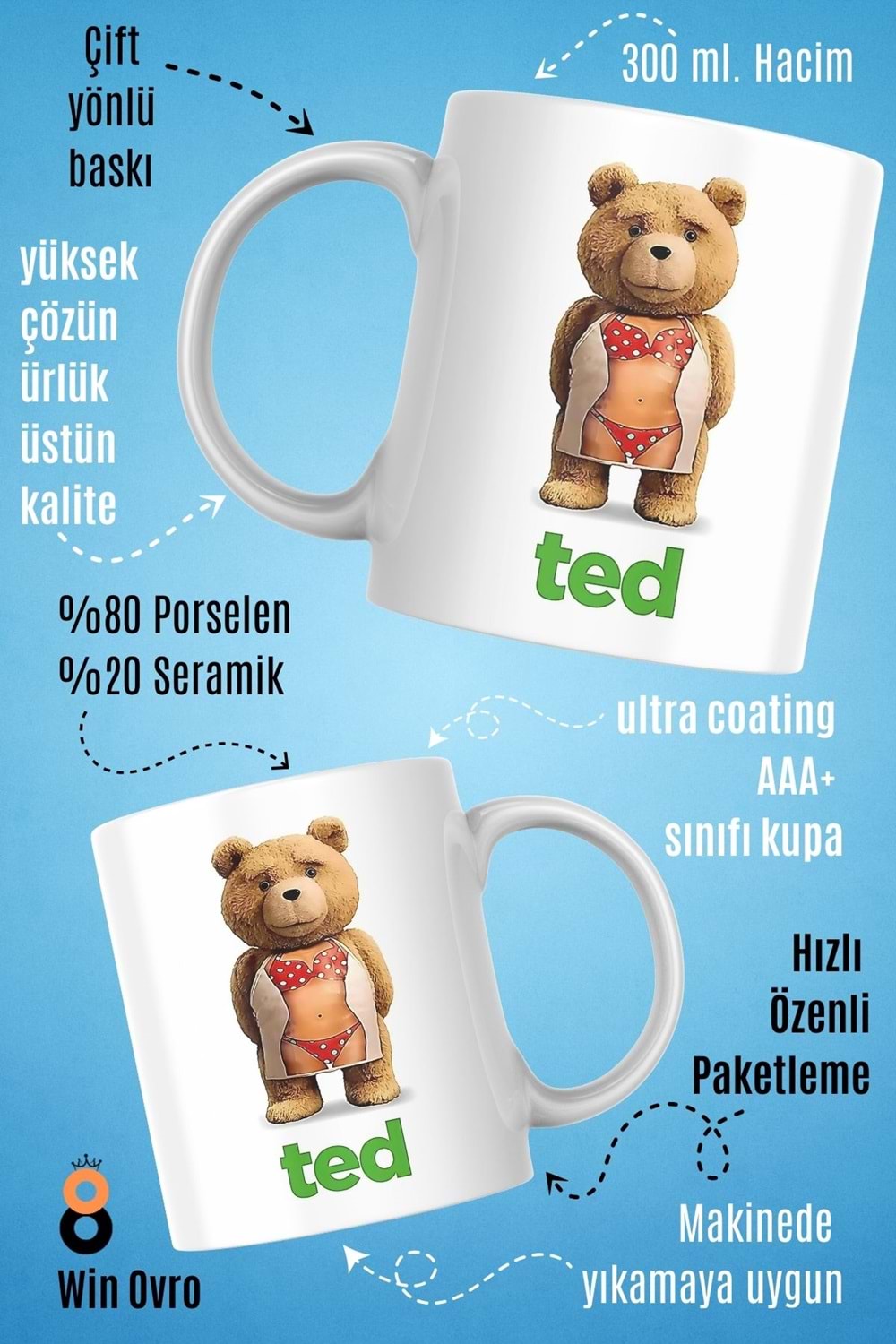 Win Ovro Premium Beyaz Porselen Hediye Çift Yön Baskılı Kupa Bardak - Ayı Teddy Bear 06