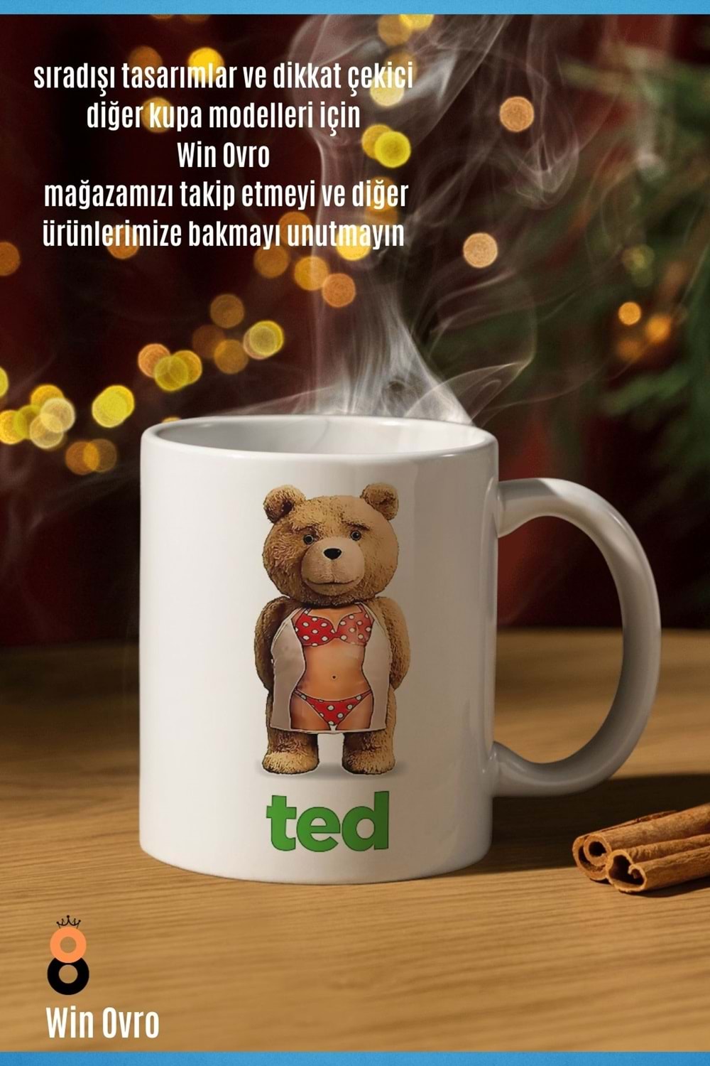 Win Ovro Premium Beyaz Porselen Hediye Çift Yön Baskılı Kupa Bardak - Ayı Teddy Bear 06