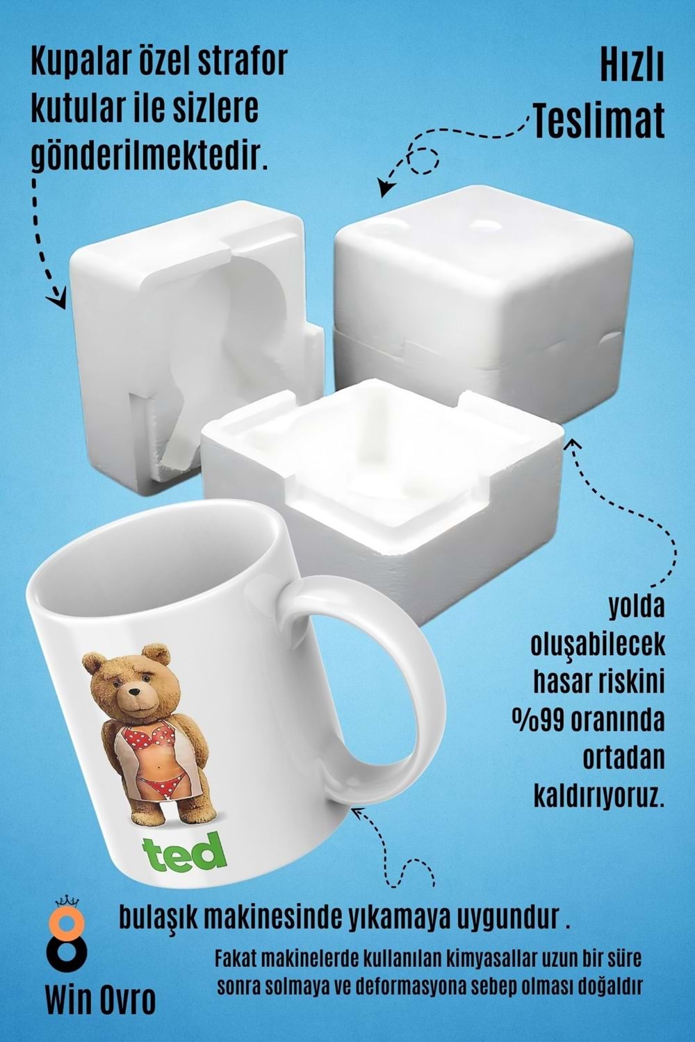 Win Ovro Premium Beyaz Porselen Hediye Çift Yön Baskılı Kupa Bardak - Ayı Teddy Bear 06