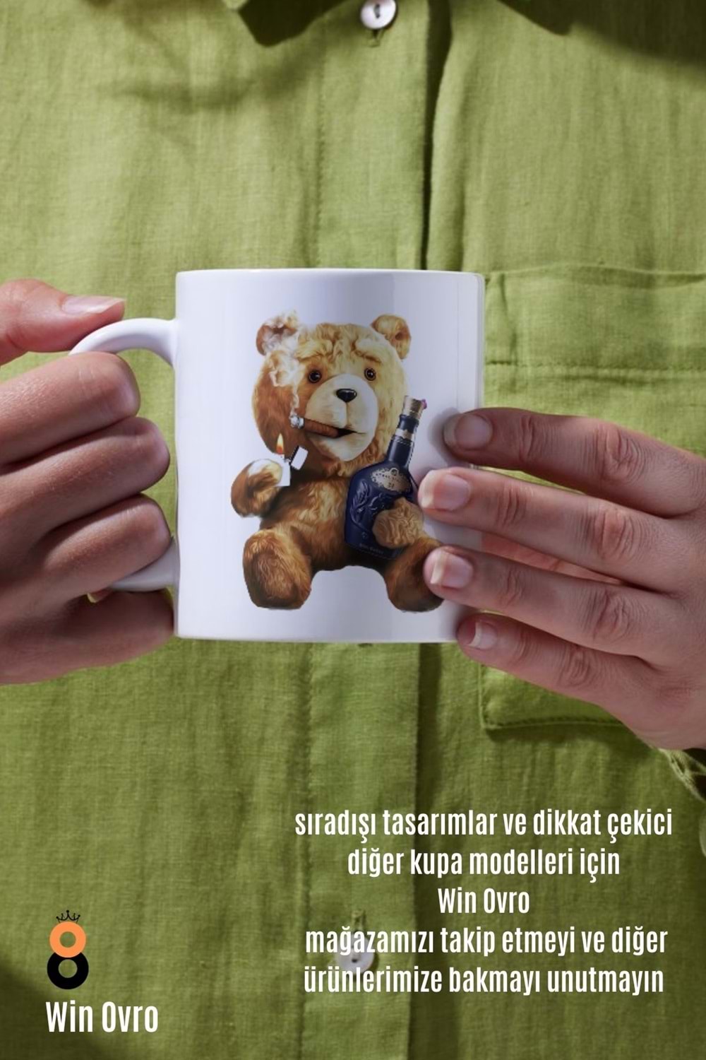Win Ovro Premium Beyaz Porselen Hediye Çift Yön Baskılı Kupa Bardak - Ayı Teddy Bear 07