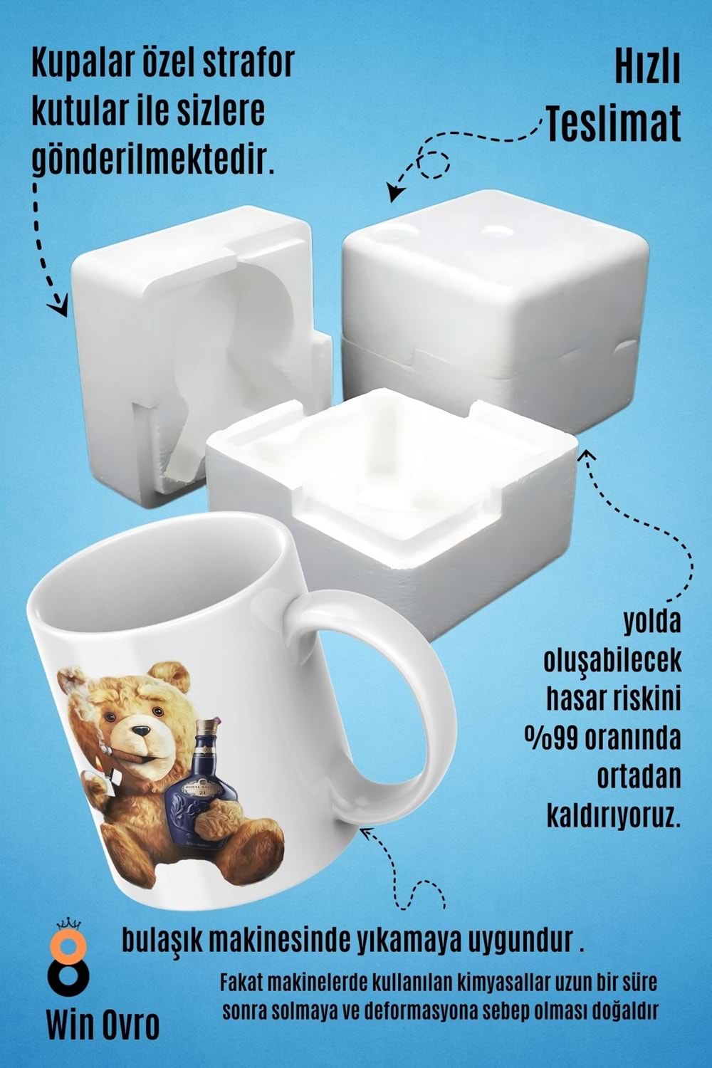 Win Ovro Premium Beyaz Porselen Hediye Çift Yön Baskılı Kupa Bardak - Ayı Teddy Bear 07