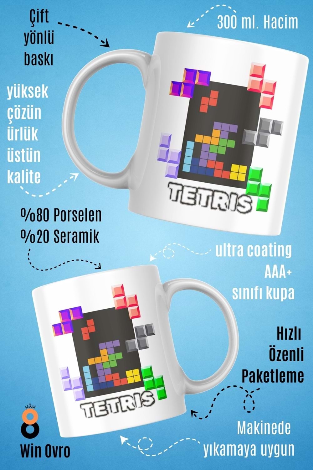 Win Ovro Premium Beyaz Porselen Hediye Çift Yön Baskılı Kupa Bardak - Tetris